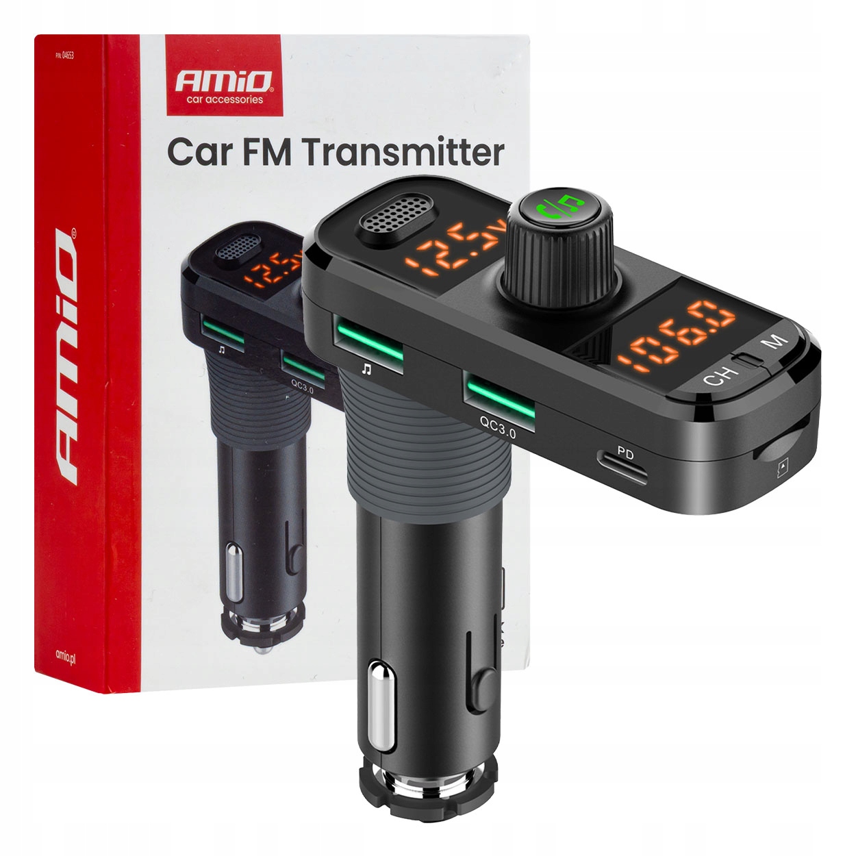 Transmiter samochodowy Fm 2×USB-A 1×USB-C mircoSD 12V 24V AMIO-04653