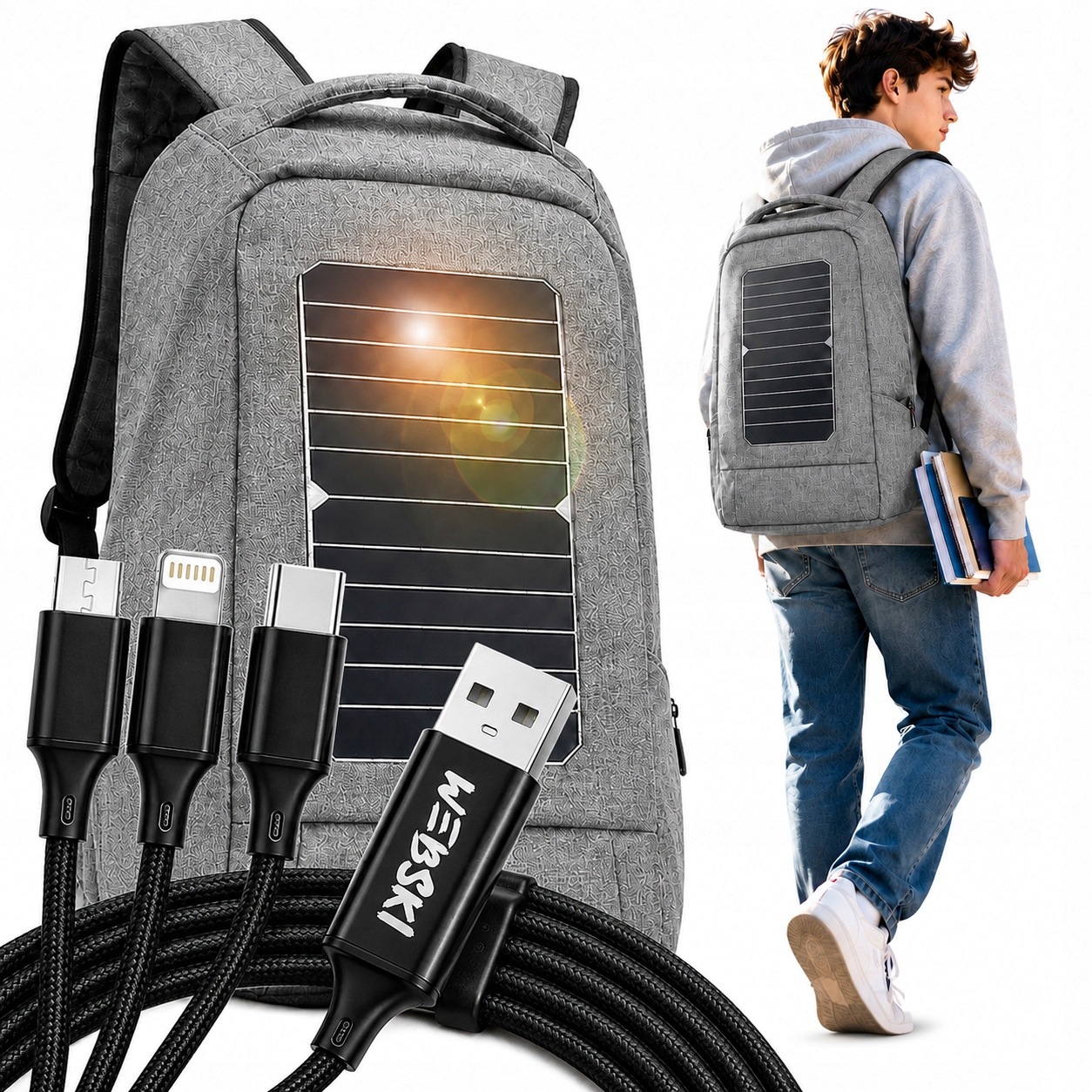 Plecak Z Panelem Słonecznym Turystyczny 20L Mieszczący A4+KABEL 3W1 Webski