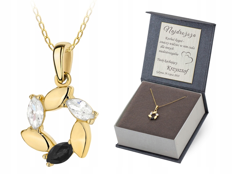 Zlatý Náhrdelník 42 cm pr. 585 Přívěsek Lístky Zirkony Řetízek 14k