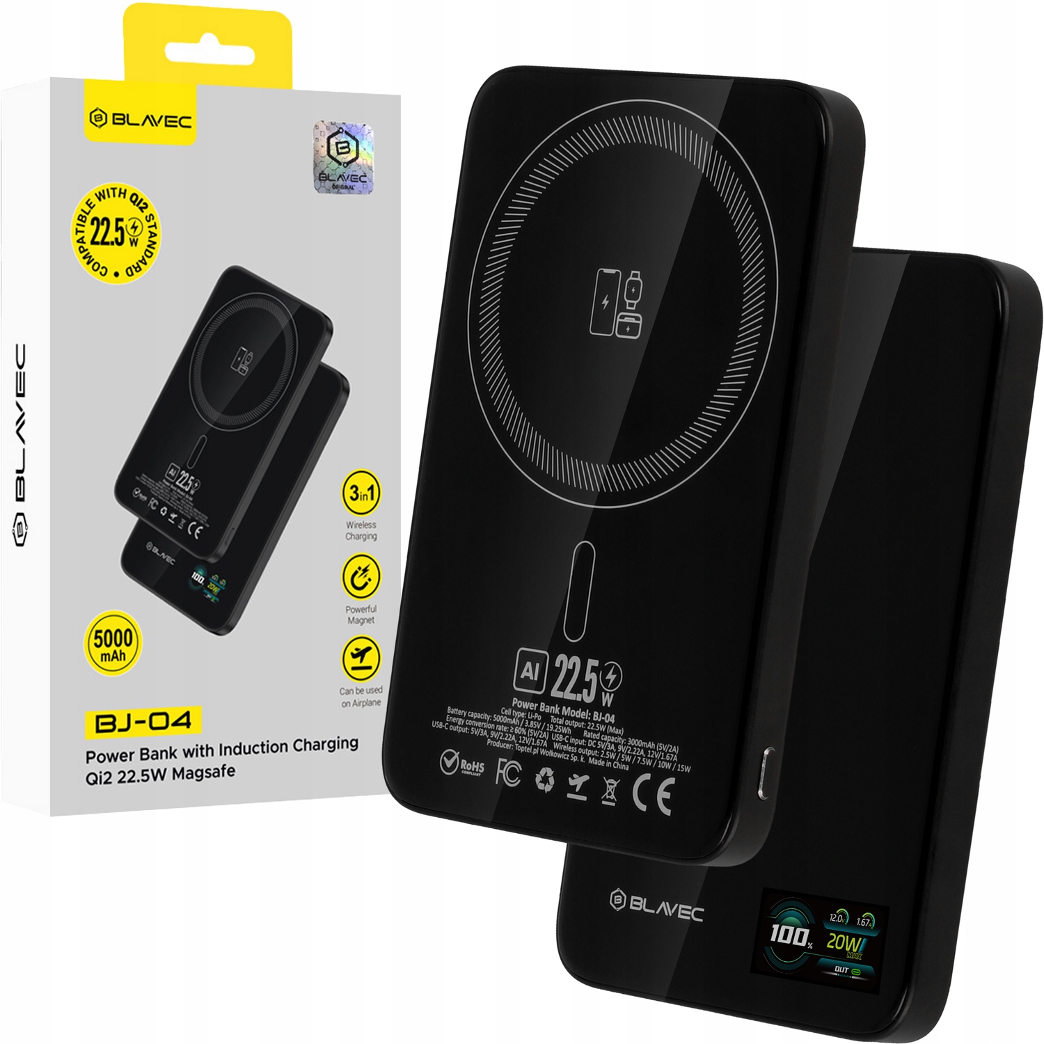 Powerbank Blavec 5000mAh Slim TypC-22,5W indukcyjny MagSafe czarny szklany