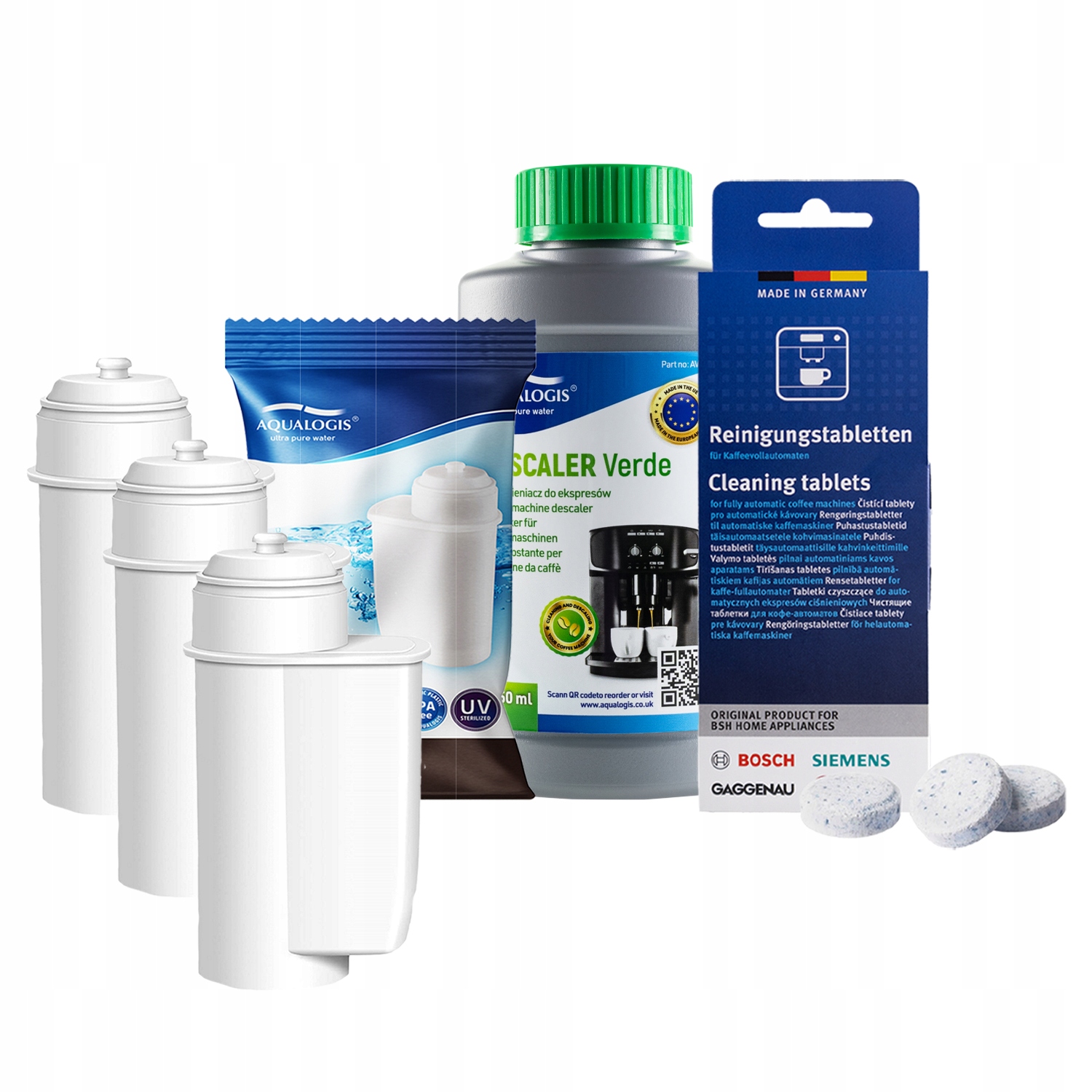 3x AL-Inte filtr pro kávovar Bosch čisticí tablety kapalina Verde 250 ml