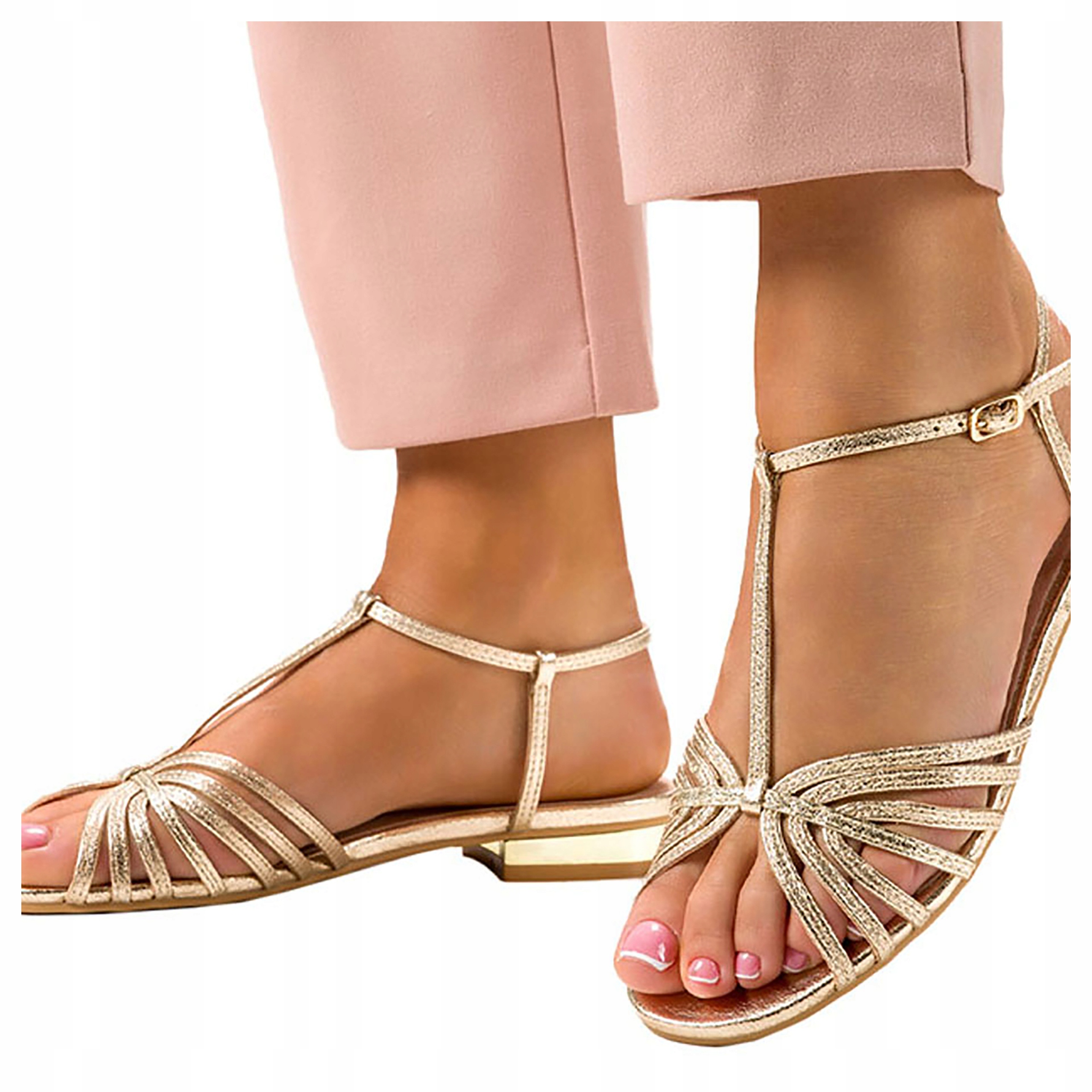 Damskie Sandały Błyszczące Na Niskim Obcasie Skórzana Wkładka Złote r 39
