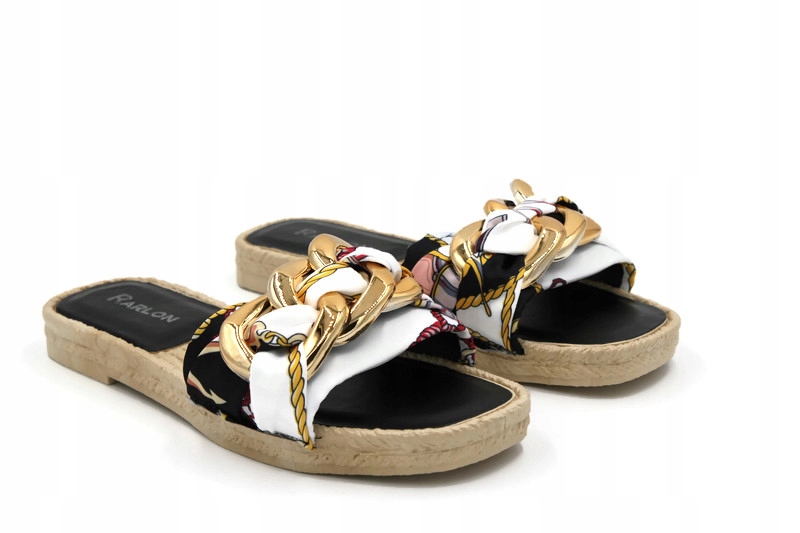 XS-8 CZARNE KLAPKI ZDOBIONE ZŁOTYM ŁAŃCUCHEM R.37 Marka Msmg