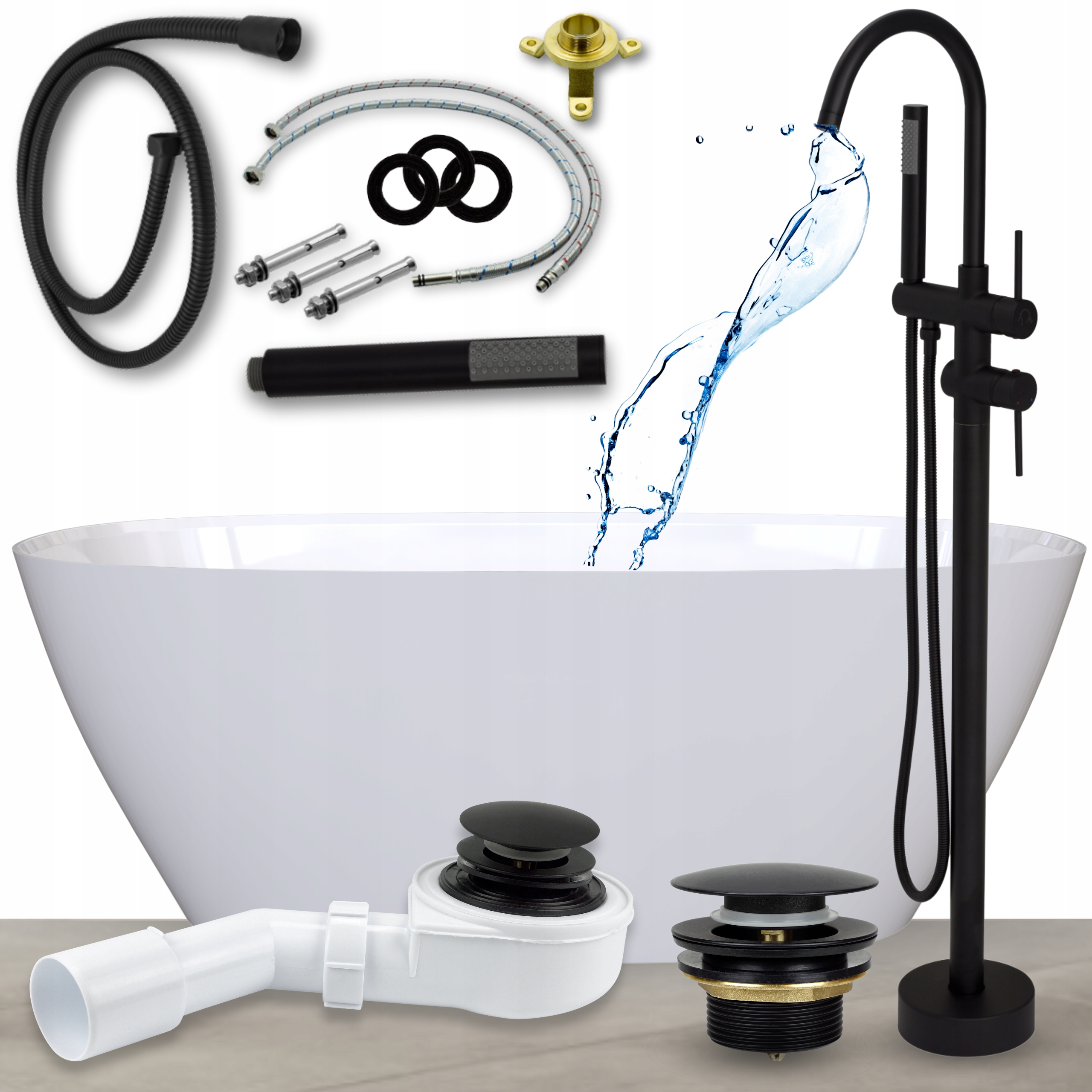 Vana 165 Volně Stojící s Vanovou Baterií Sifon Klik Klak Černý Set 10v1