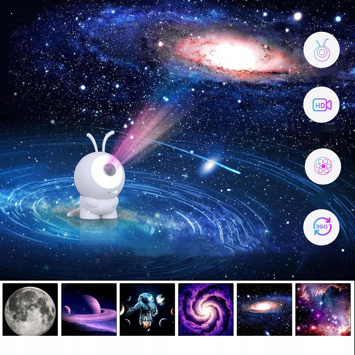 PROJEKTOR GWIAZD LAMPKA NOCNA KOSMOS PLANETY RZUTNIK PLANETARIUM 360 STOPNI Wysokość produktu 13.1 cm