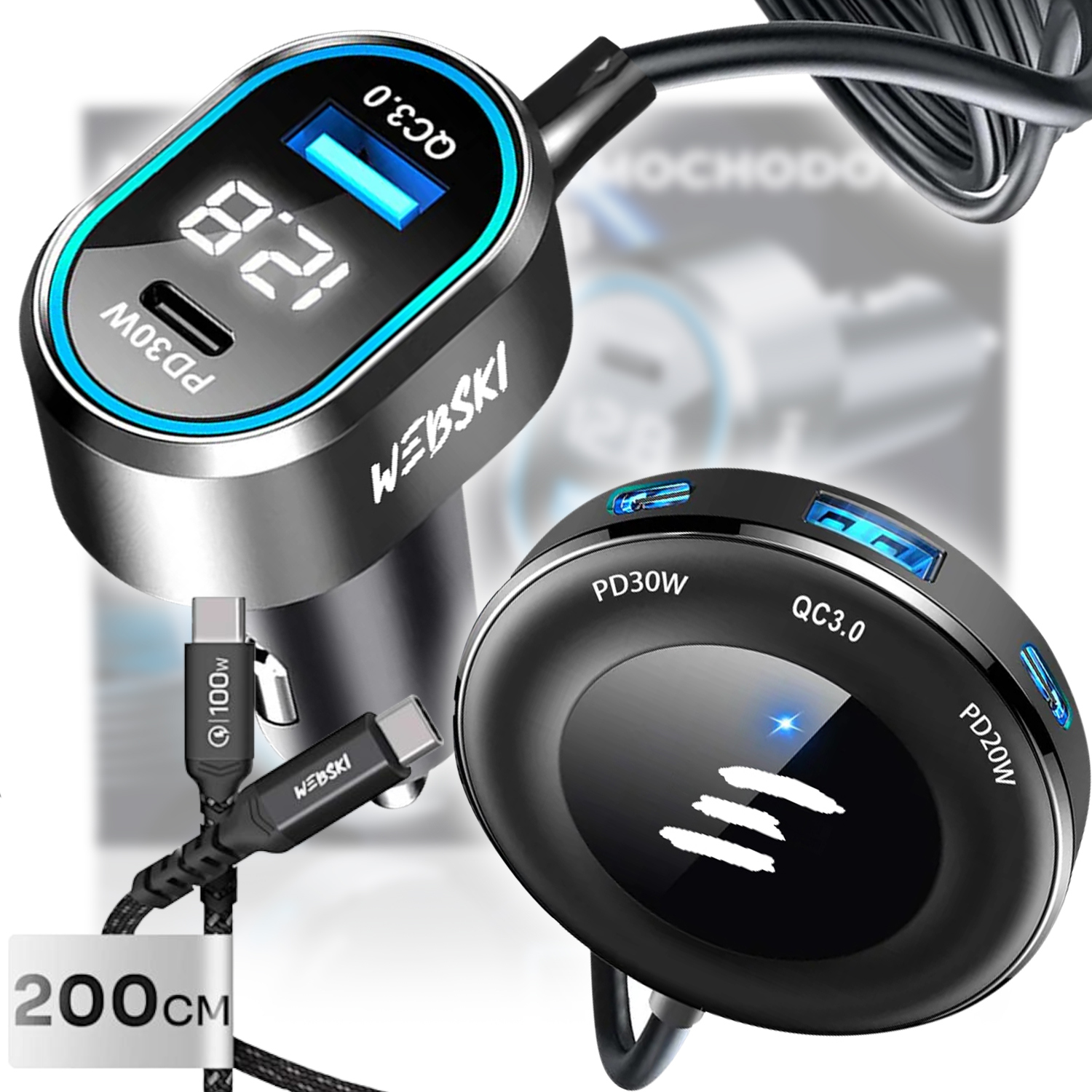 Ultrarychlá Automobilová Nabíječka 98W 2xUSB 3xUSB-C LCD Klips Kabel 200CM