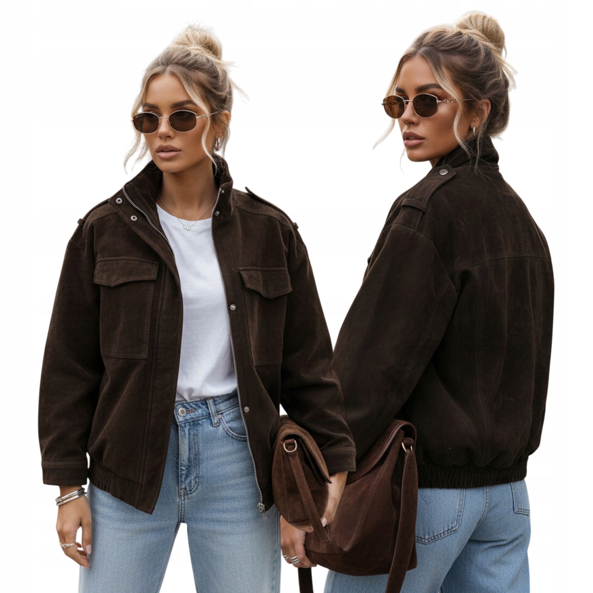 Kurtka damska zamszowa bomberka z wysoką stójką czekoladowa TY5577 L