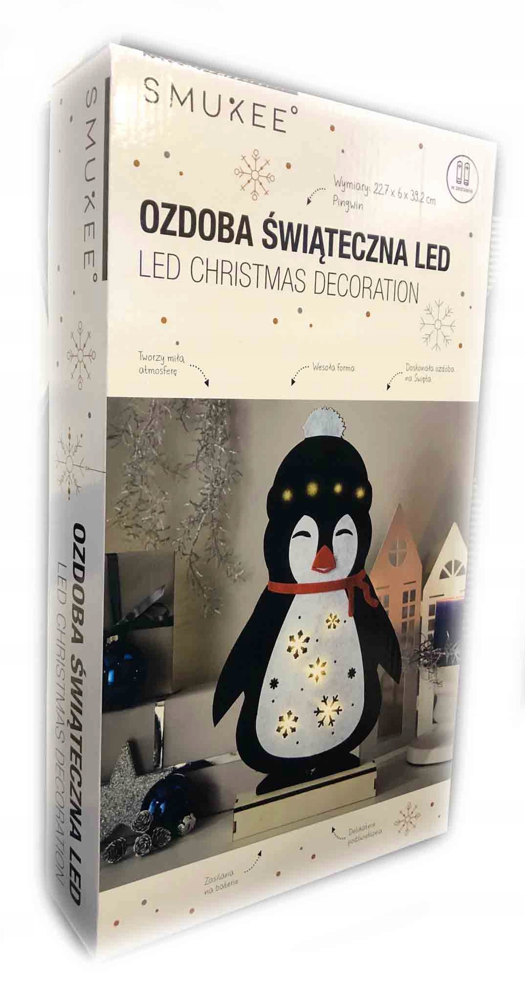 OZDOBA ŚWIĄTECZNA LED PINGWINEK 39cm FILC Motyw zwierzęta