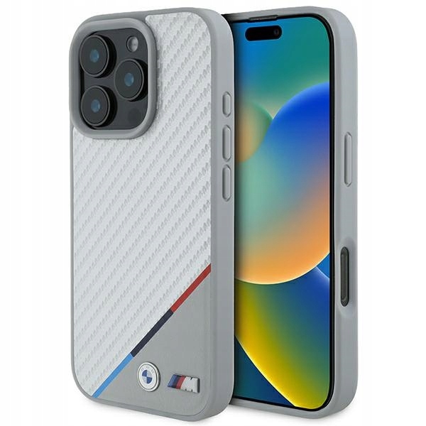 Etui Bmw M Carbon Tricolor Line MagSafe na iPhone 16 Pro szare Bmw