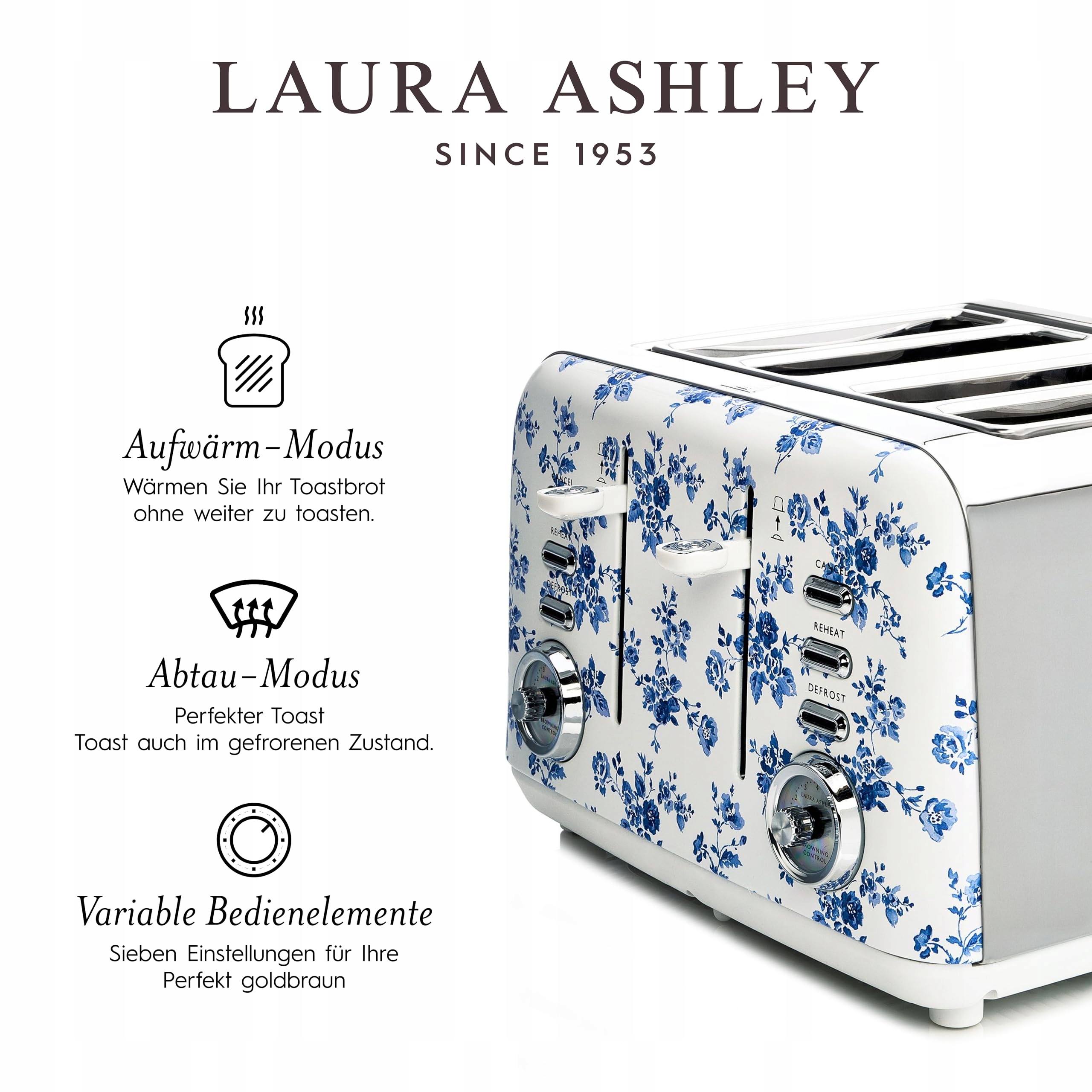 Laura Ashley 4-Slice Toaster: Adjustable, Reheat, Defrost, Vintage Steel — miniatura 5
