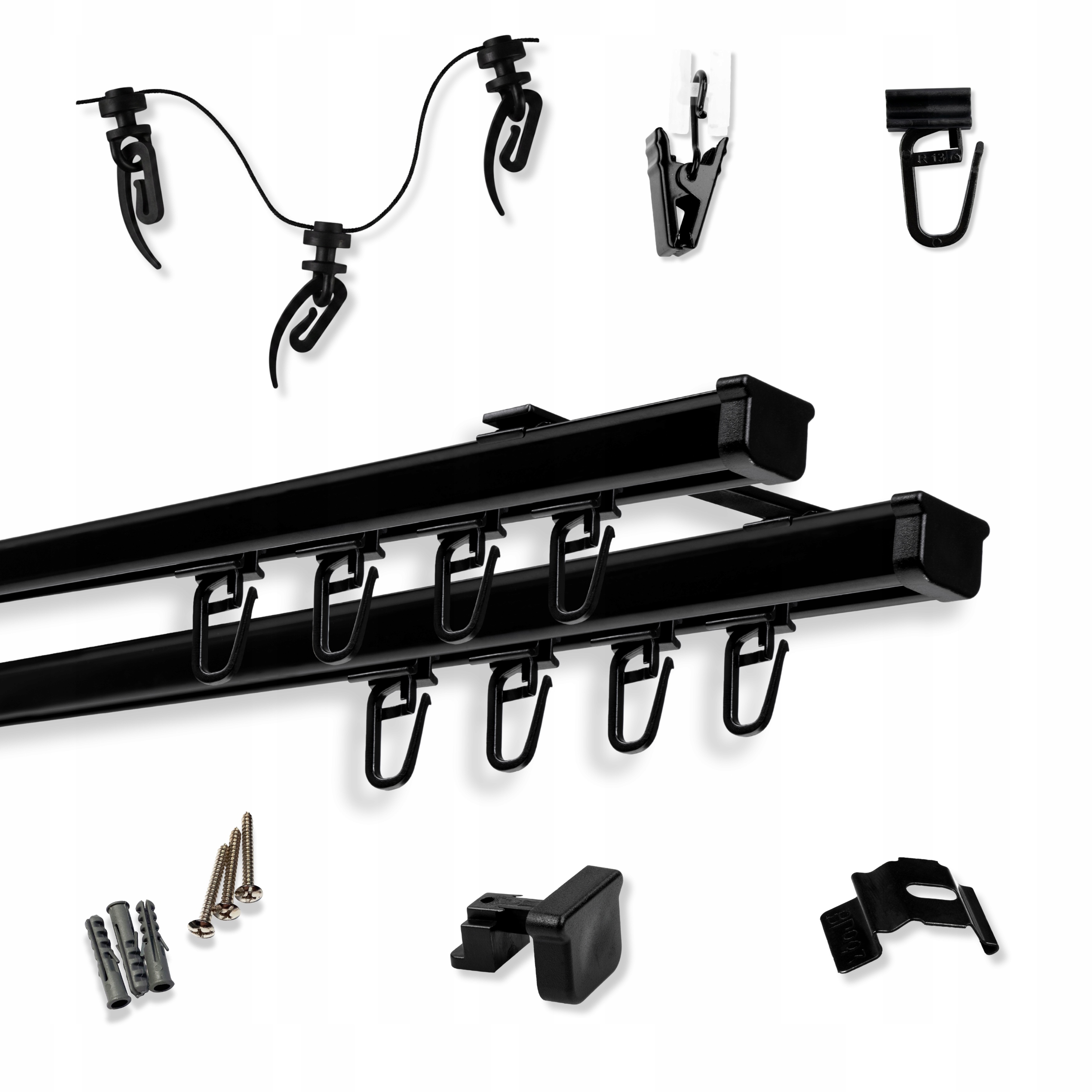 Garnýž dvojitá Černá, záclonová tyč, hliníková stropní lišta 150 cm