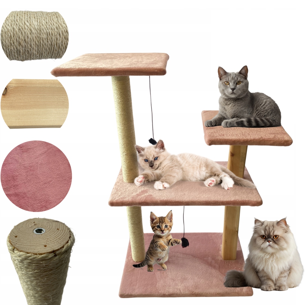 Levně Škrabadlo Sisal Růžové Plyšové Pelíšek Pro Kočky s Hračkou Pevné Polský