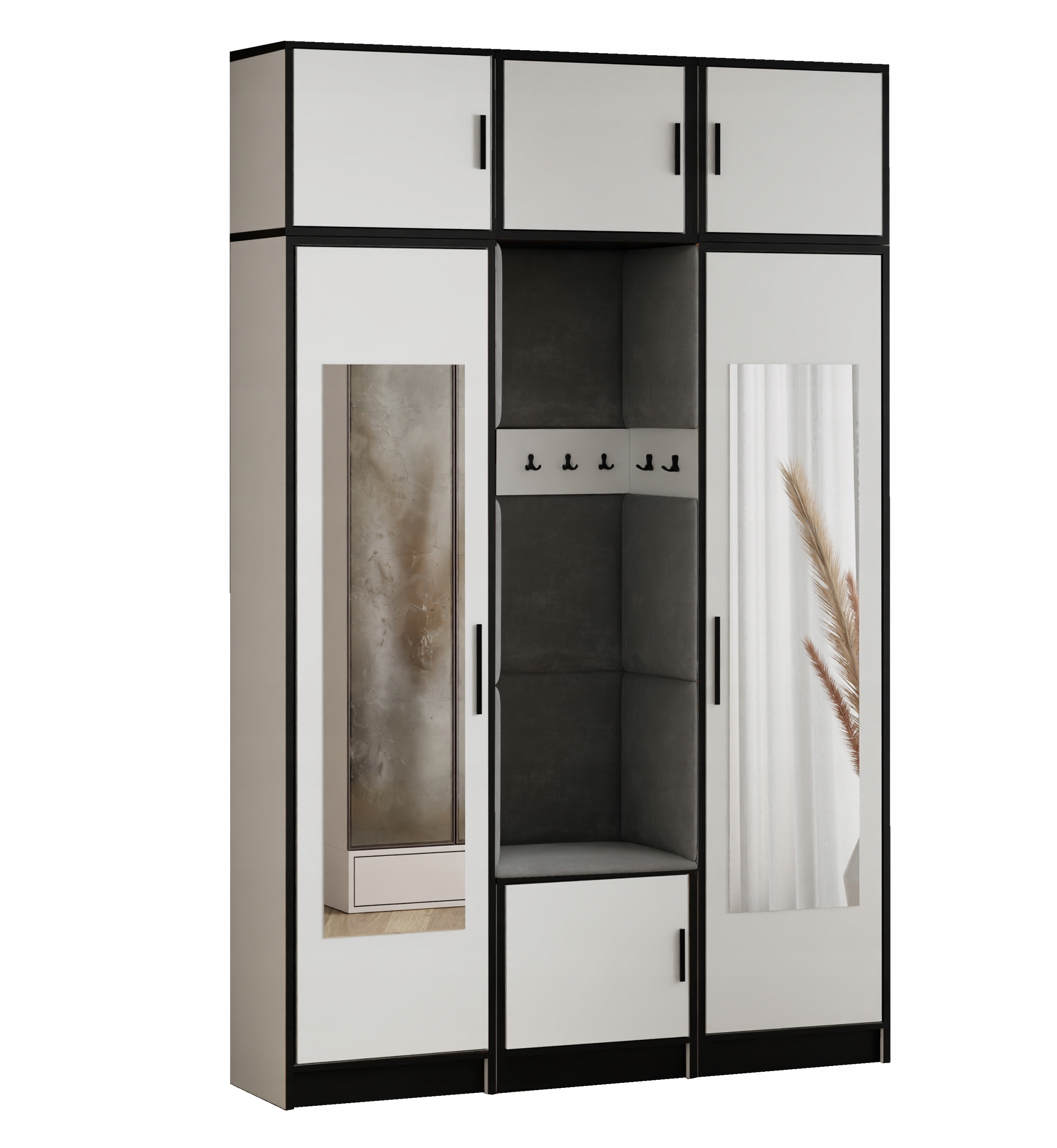 Šatní skříň Dior 12 bílá levná šedá s sedákem a zrcadlo s nástavcem