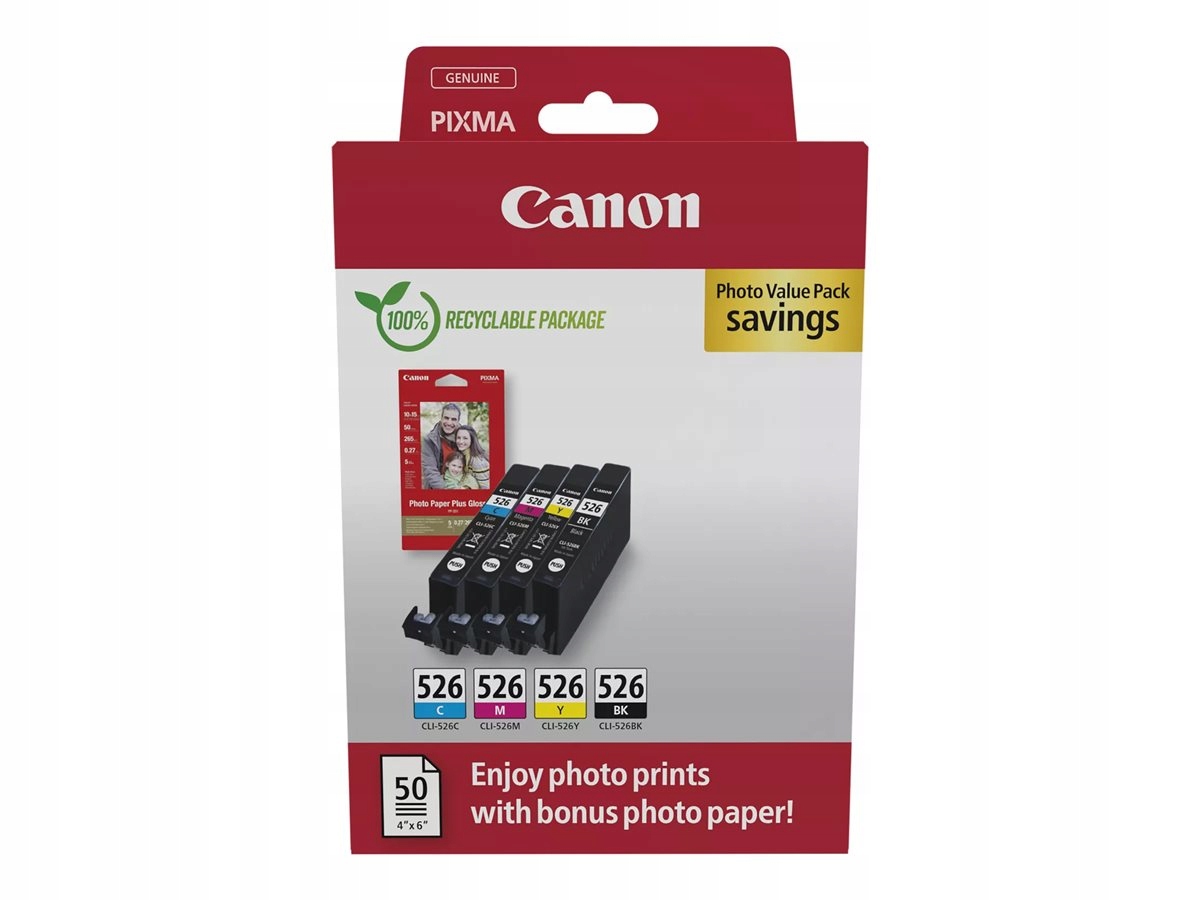 Tusz Canon CLI-526 Bk,c,m,y 4540B019 Oryginał, Zestaw Z Papierem Foto