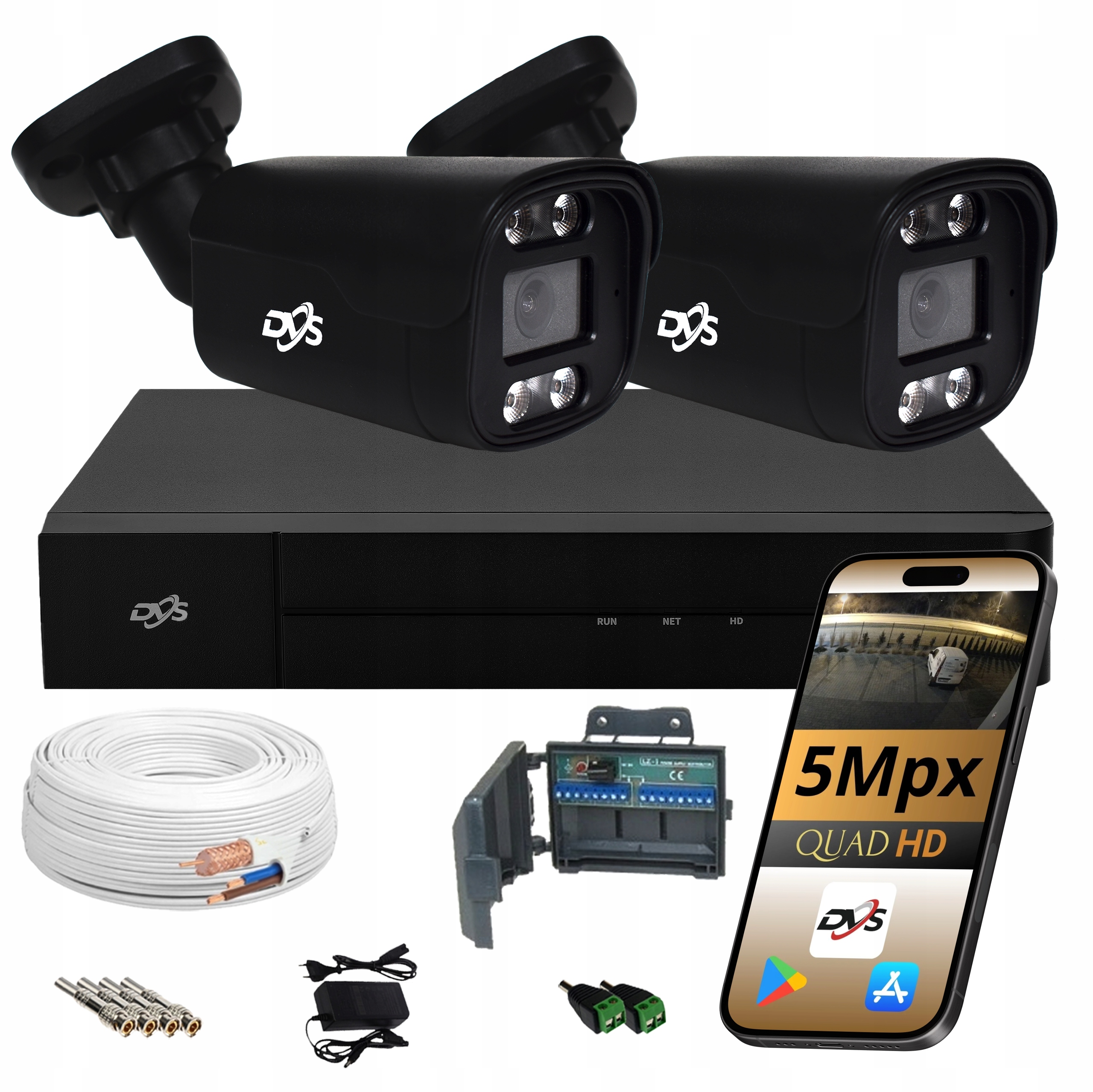 5MPX Monitorovací Set, 2 Analógové Kamery, Čierne Led+ir, Vzdialený Náhľad