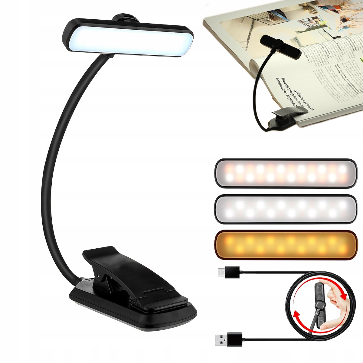 LAMPKA LED Z KLIPSEM DO CZYTANIA BLAT PULPIT USB KSIĄŻKA
