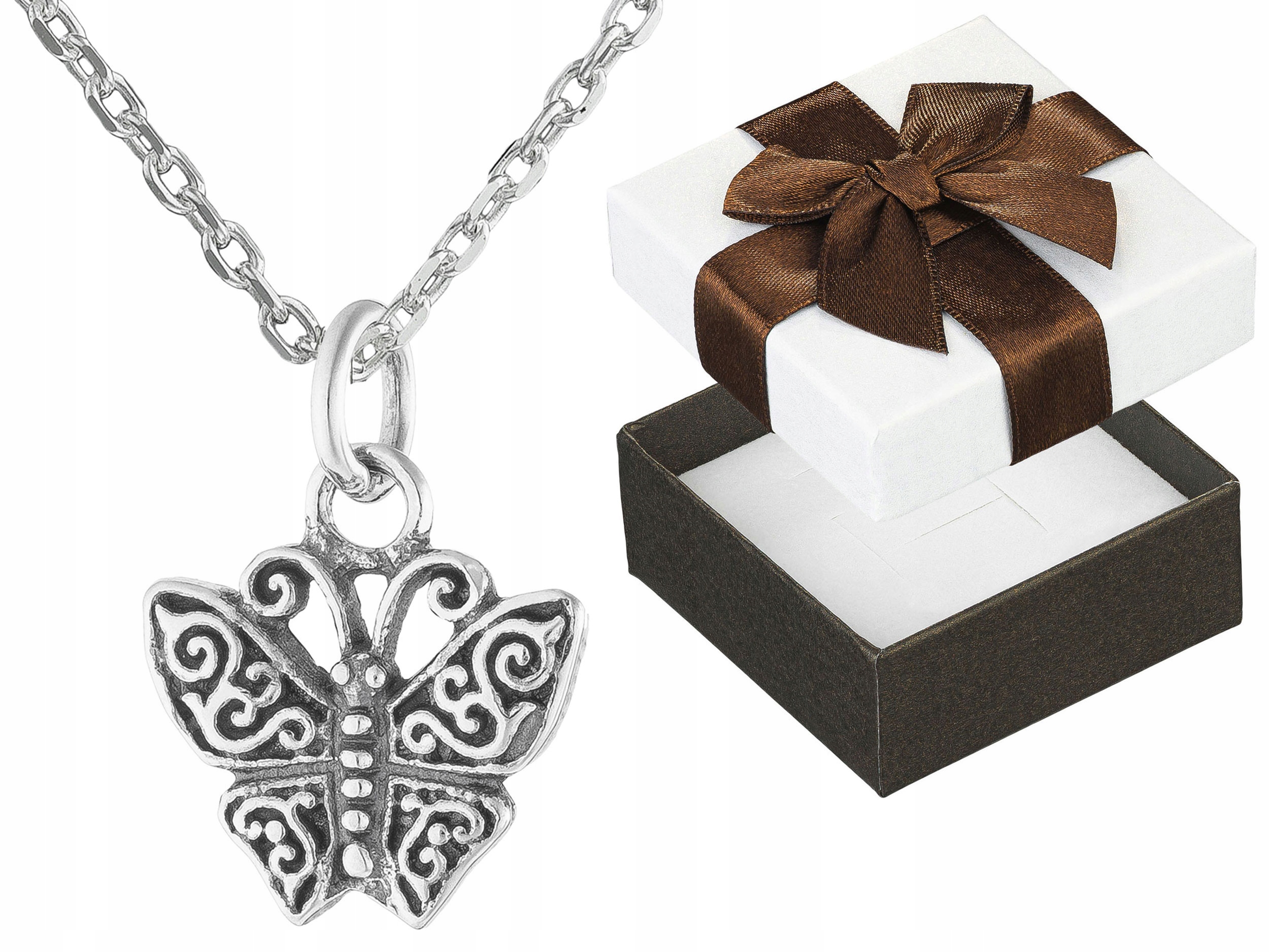 Dlouhý Stříbrný Oxidovaný Dámský Náhrdelník Malý Motýlek Motýl Choker 90 cm