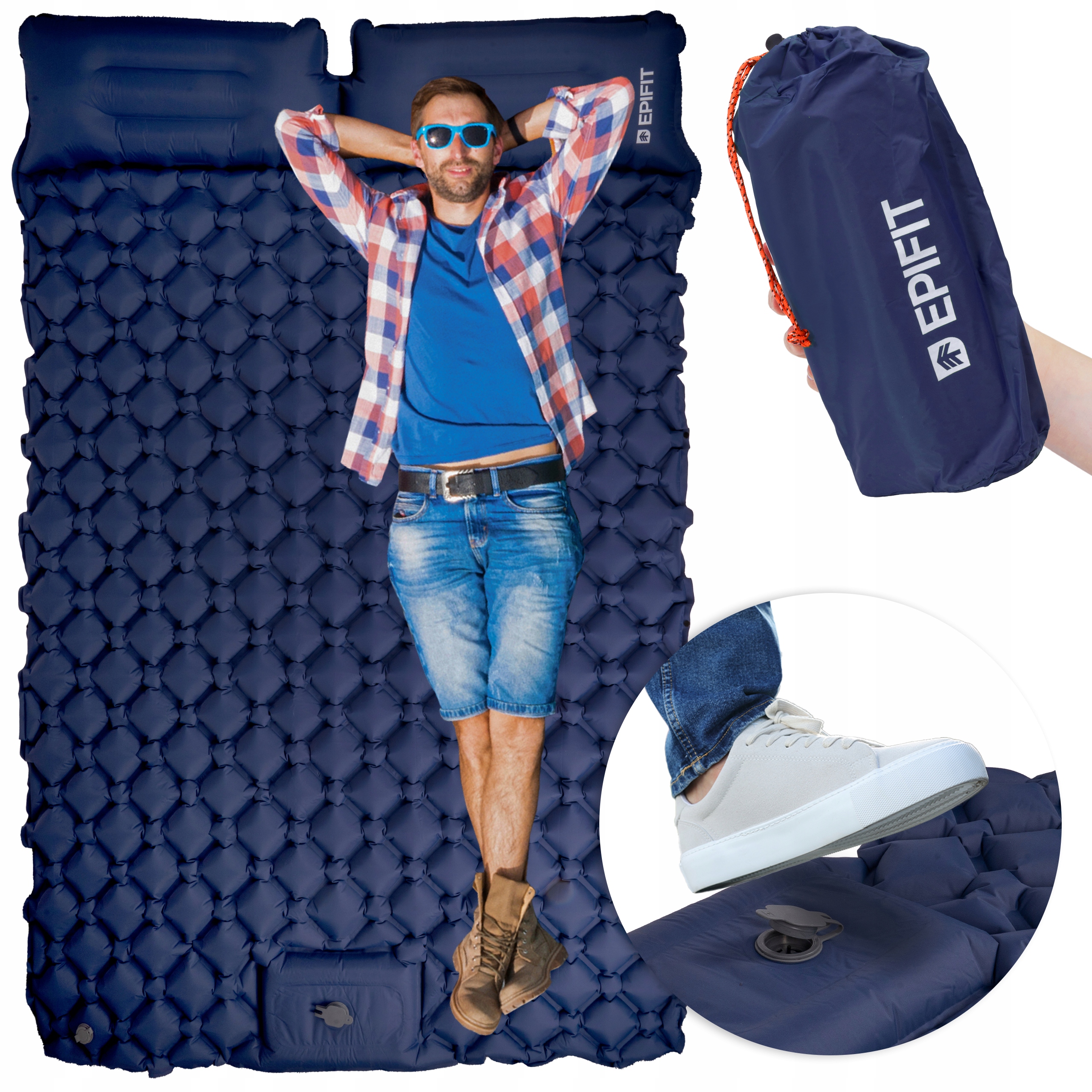 Materac Samopompujący Turystyczny Kempingowy Dwuosobowy Wbudowana Pompka