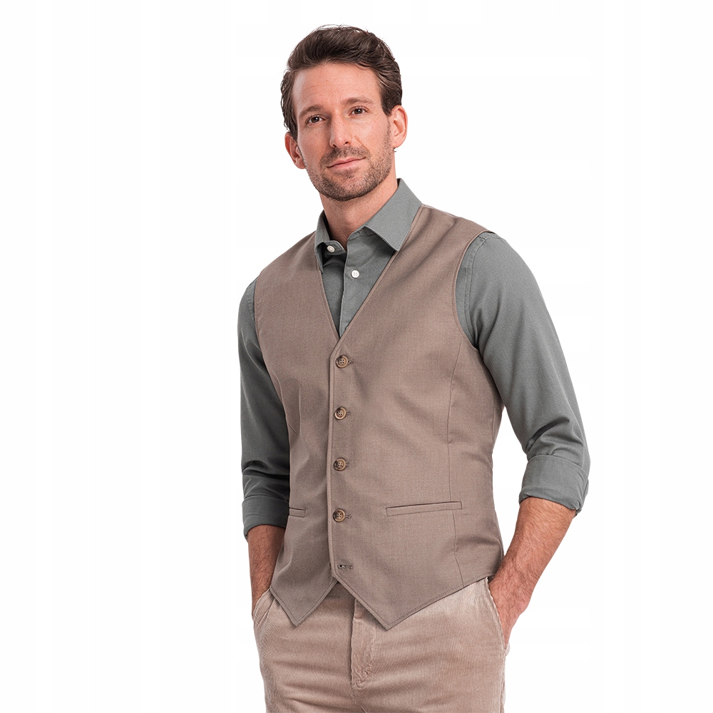 Pánská obleková vesta bez klop béžová V2 OM-BLZV-0112 S