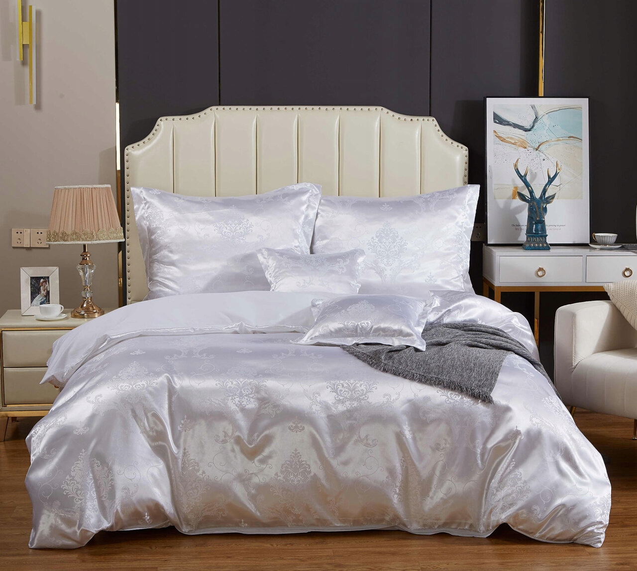 Posteľná Bielizeň atlasová vyšívaná 200x220 exkluzívny biely ornamentový vzor AT002