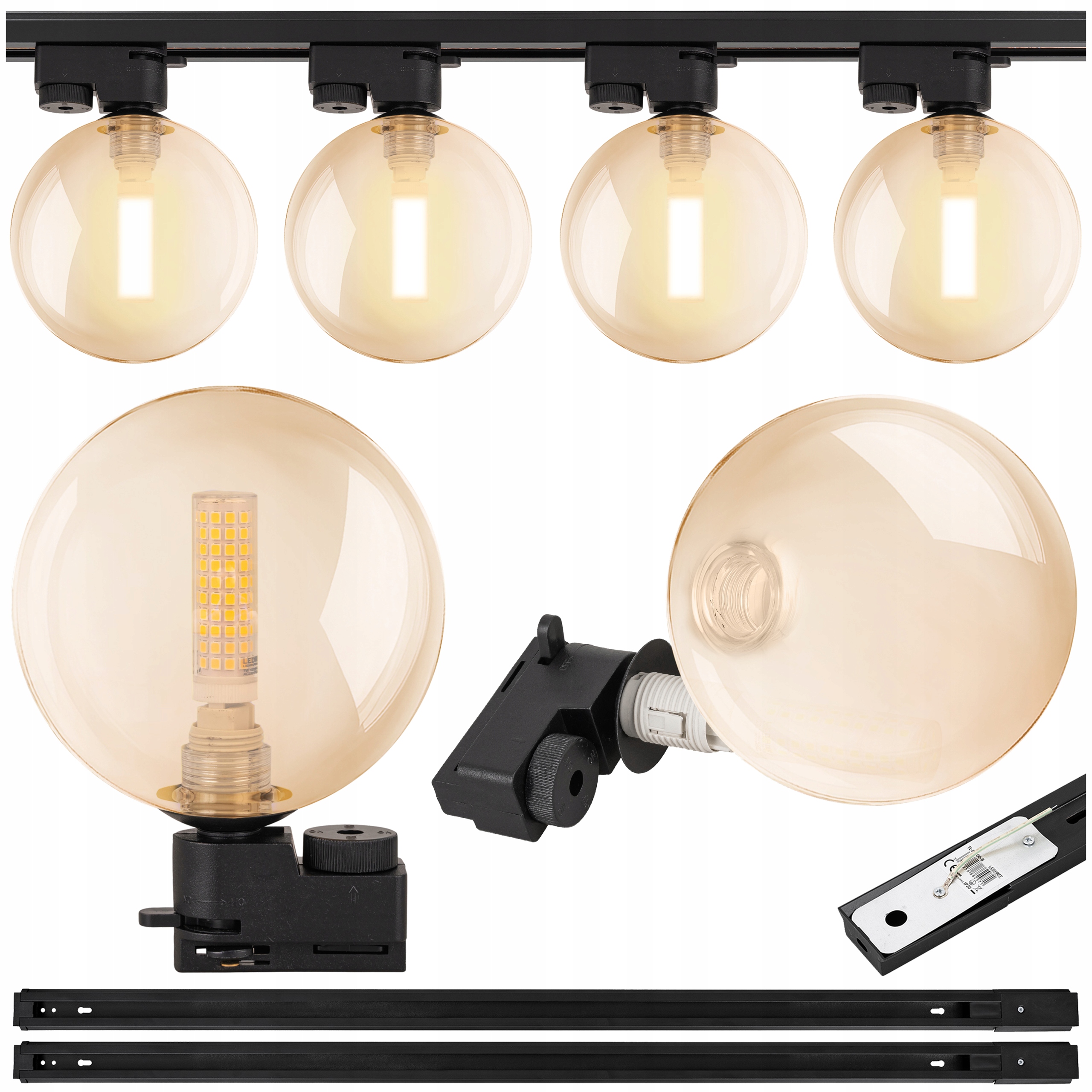 Osvětlení kolejnicové 2x Lišta 1 m lampa svítidlo G9 koule Jantarová skleněná x4