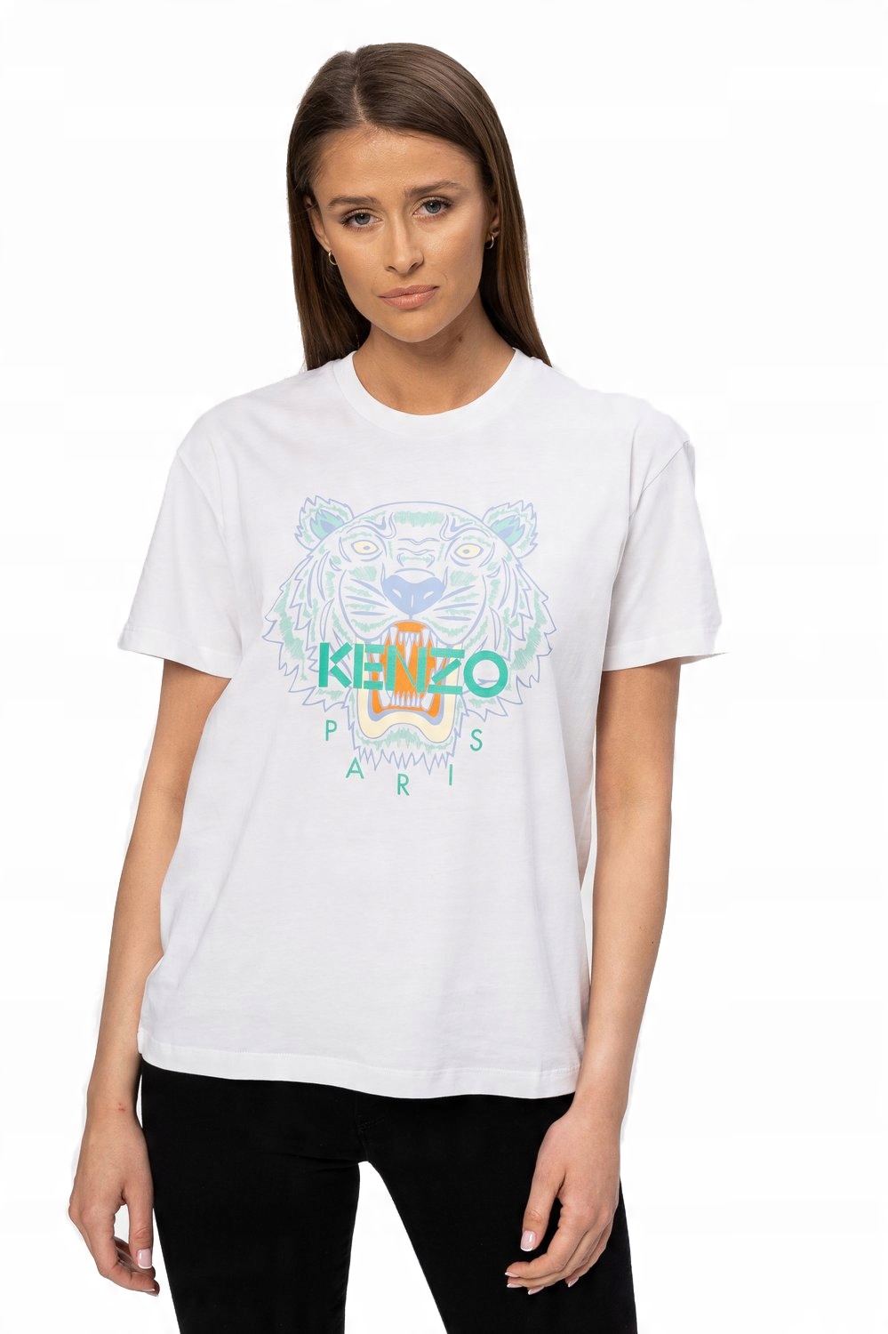 

Kenzo - biały t-shirt Tiger z zielonym logo r. Xs