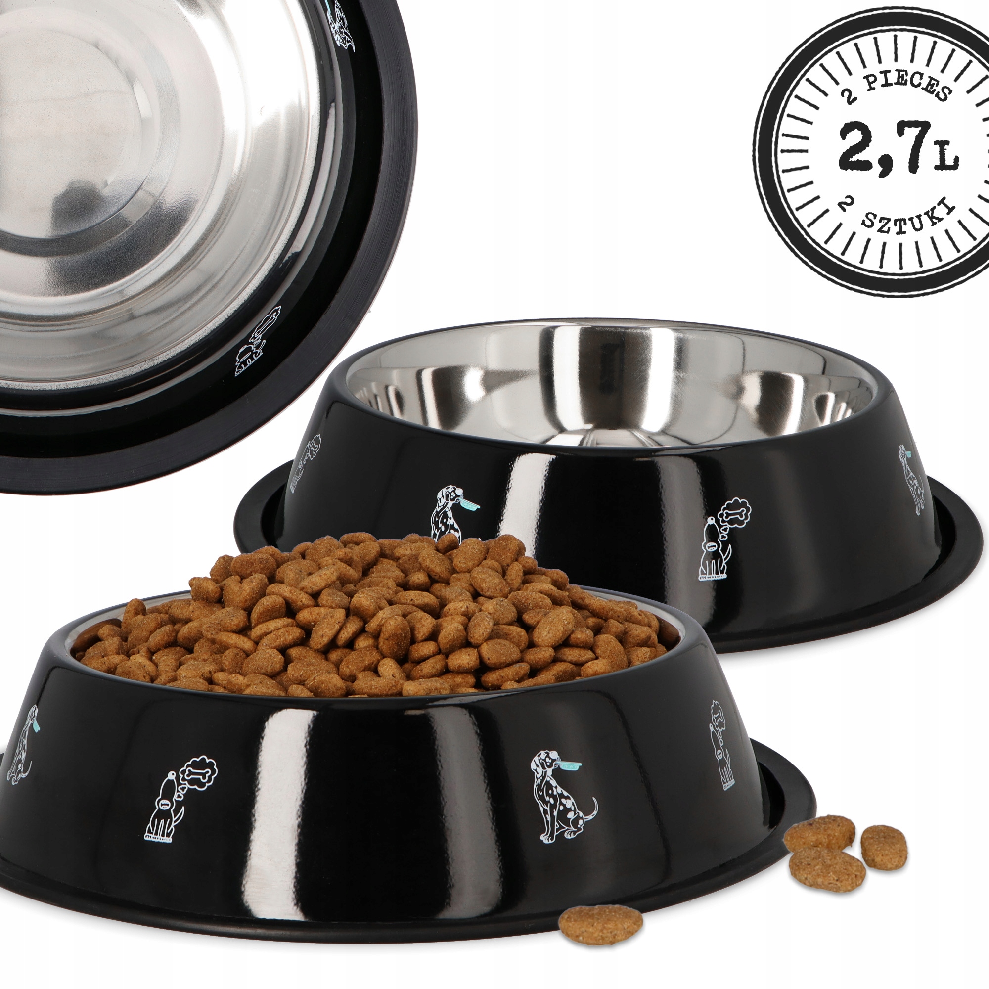 Levně 2x Velká Miska Psa 2,7 Kovová Ocel Miska protiskluzová Mytí V Myčce Nádobí 4D
