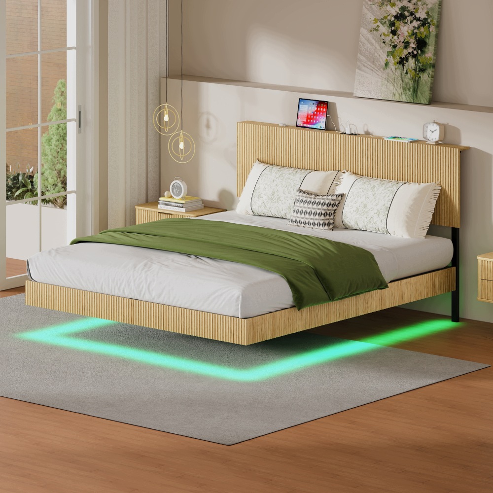 Postel 180x200 čalouněná Led postel dub světlý, kovový rám, stabilní