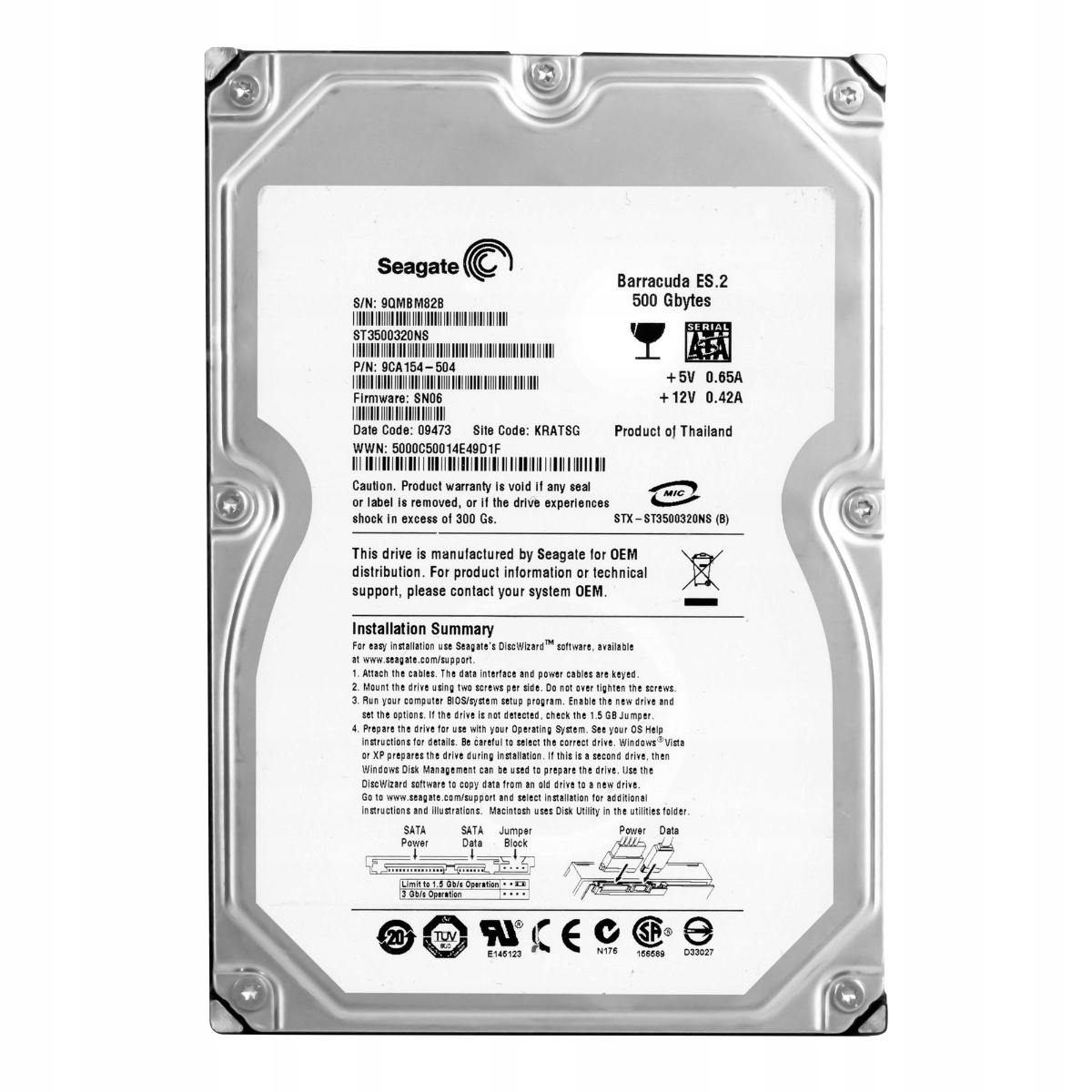 Seagate Barracuda ES.2 500GB 7.2K 32MB Sata II 3.5'' ST3500320NS