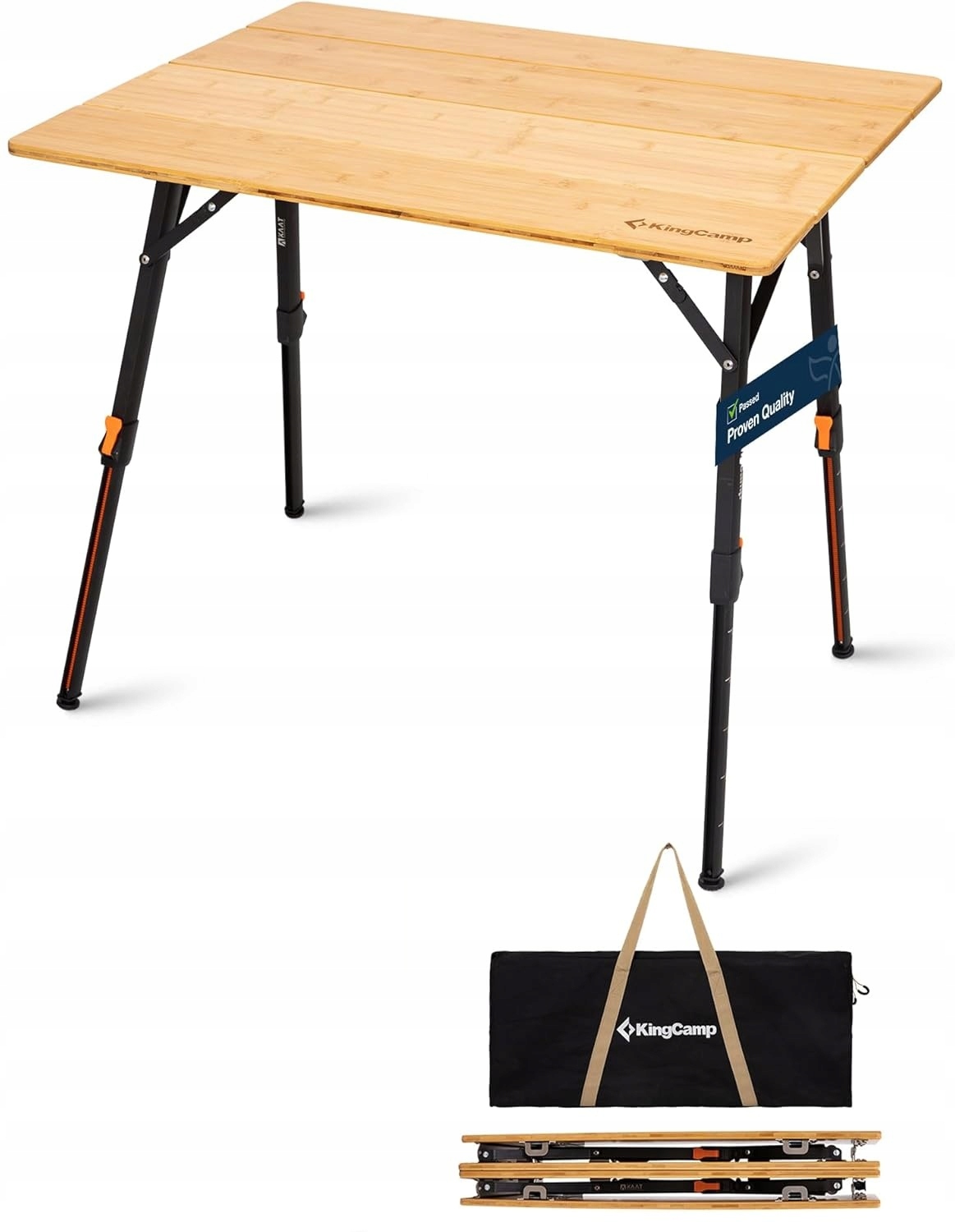 KingCamp bambusový kempingový stůl 80x60 cm nastavitelný, 42-70 cm, 2-4 osoby, 80 kg