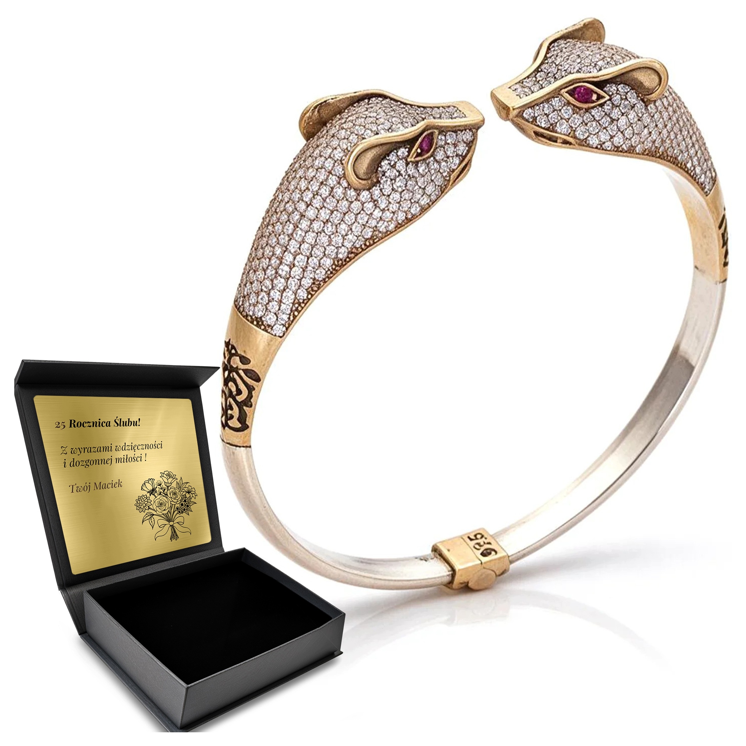 Stříbrný Náramek Masivní Panter Premium Elegantní Se Zirkony Gravírování