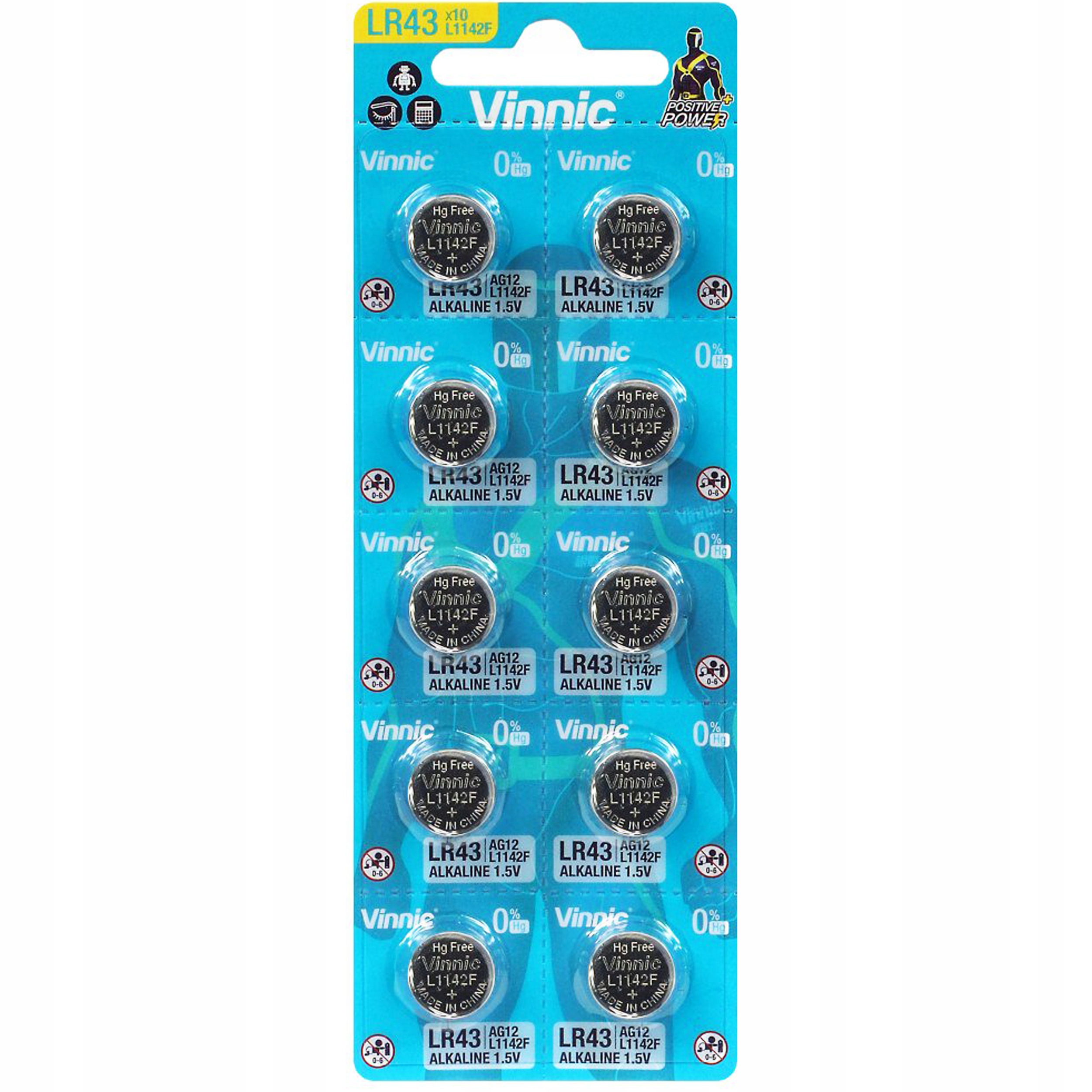

10x Bateria Vinnic LR43 AG12 L1142F 186 L1142 1,5V