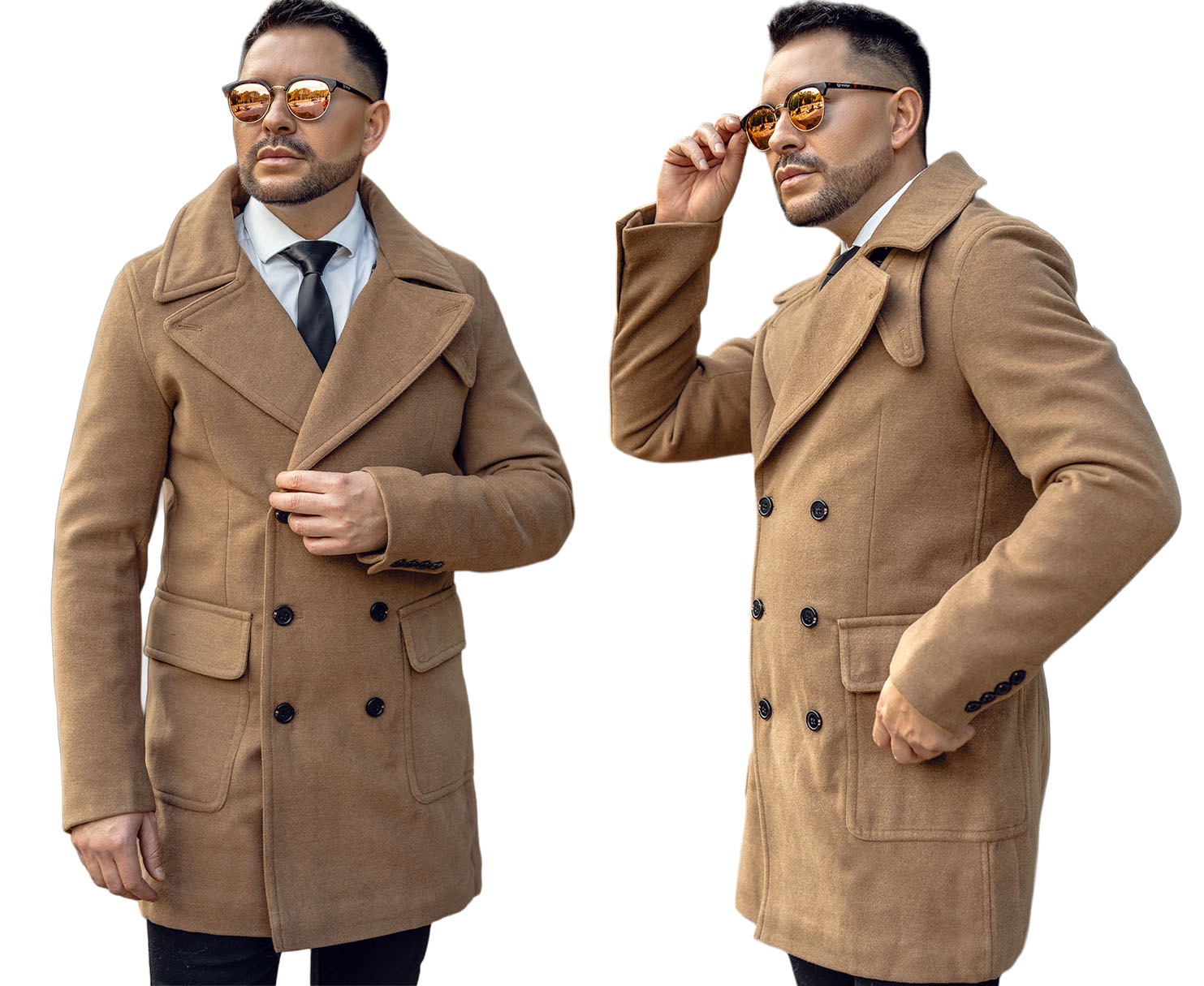 Pánský dvouřadý zimní camel kabát Denley Fedrico velikost XL
