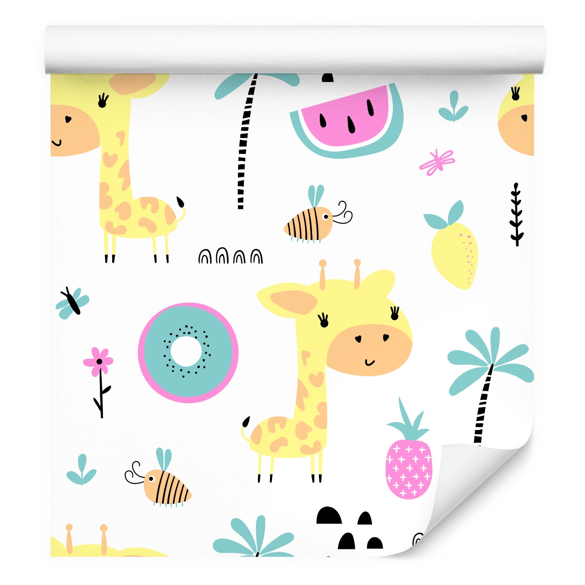 Dětská tapeta Žirafa Ovoce Palmy Tropiky dekor