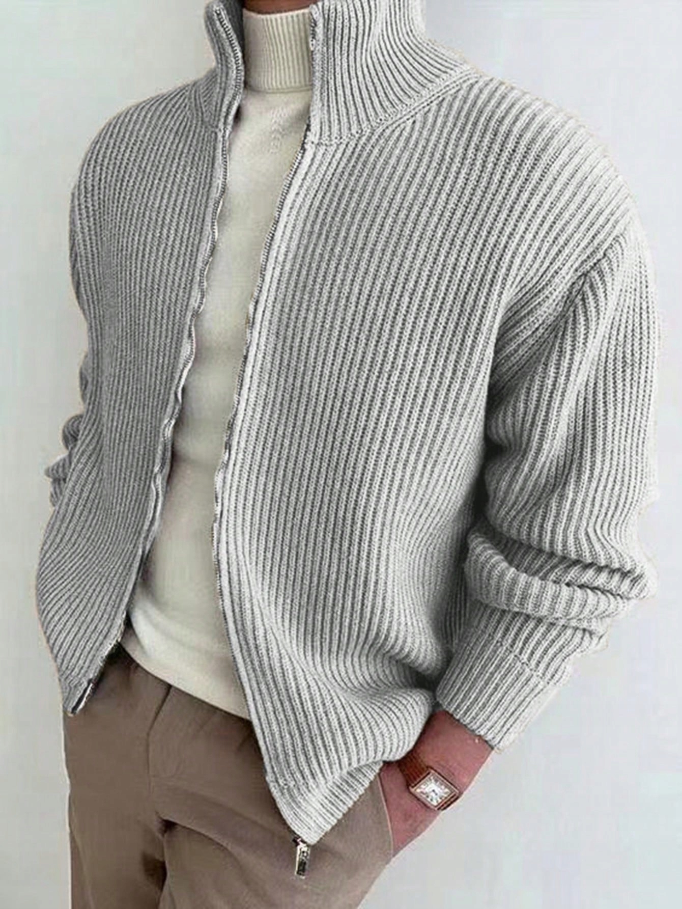 Pánský Pletený Svetr Rozepínací Se Stojáčkem Světle Šedý Casual Shein L