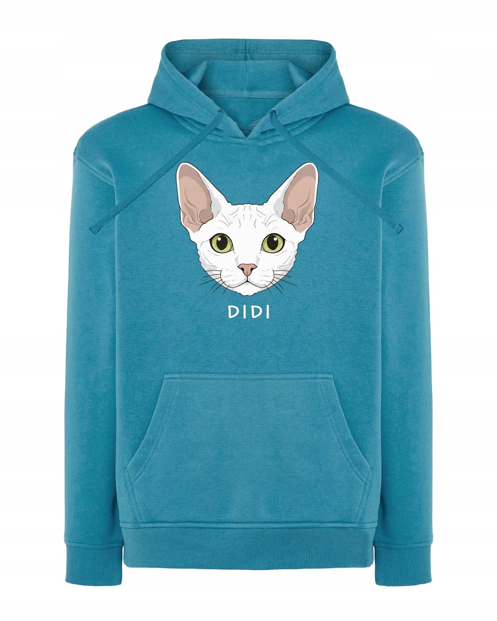 Mikina s kapucí Devon Rex Bílá Personalizovaná Kočka Pupil Světle Modrá M