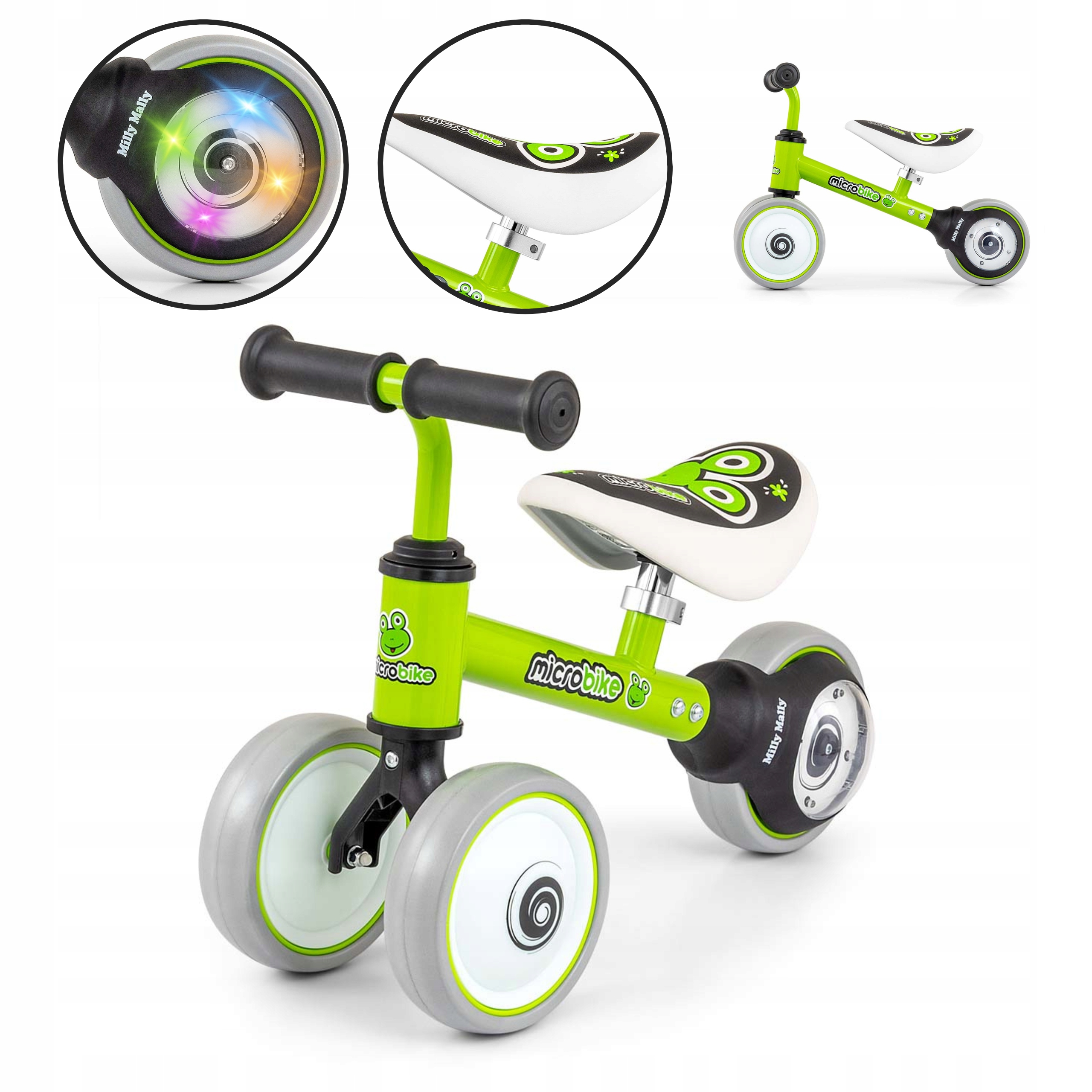 Rowerek Biegowy Jeźdzk Dla Dzieci Koła Led Micro Plus Frog Milly Mally