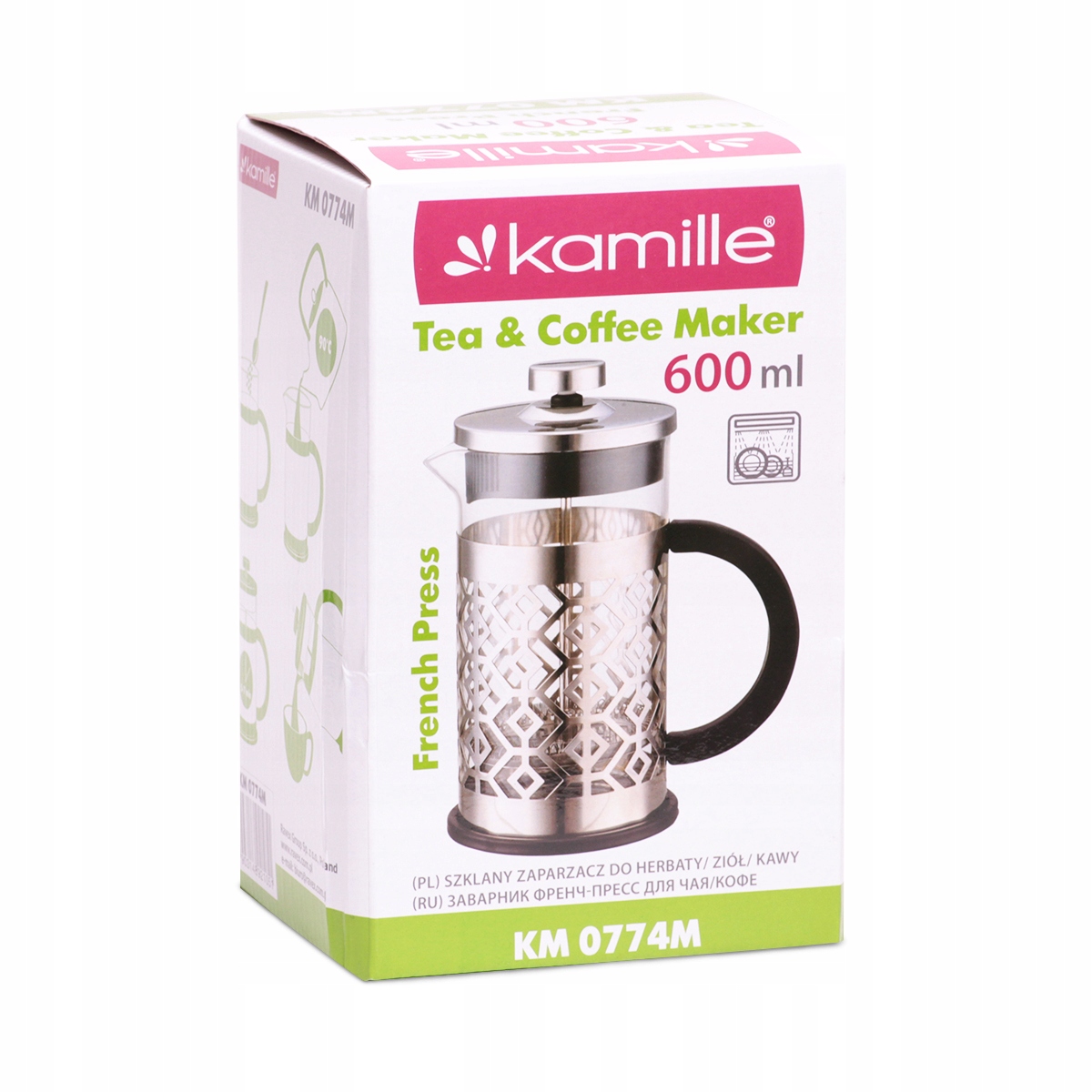 Szklany ZAPARZACZ do HERBATY KAWY 600 ml KAMILLE Kolor przezroczysty