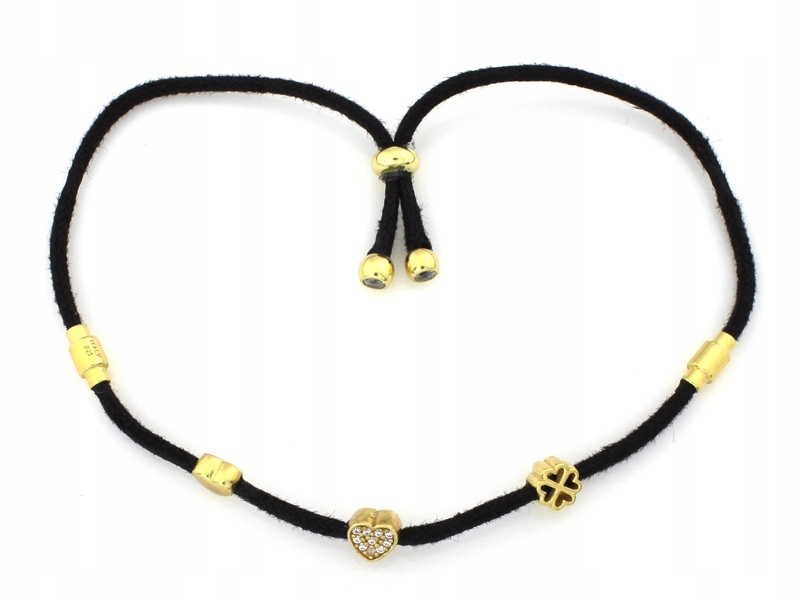 Černý provázkový náramek 925 se stříbrnými srdíčky a jetelem, šňůrka