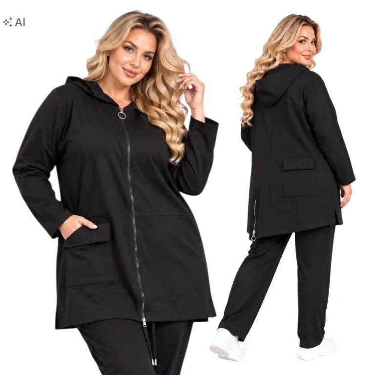 6938 Tepláková souprava černá bavlna asymetrická s kapucí 54 56 7XL 8XL
