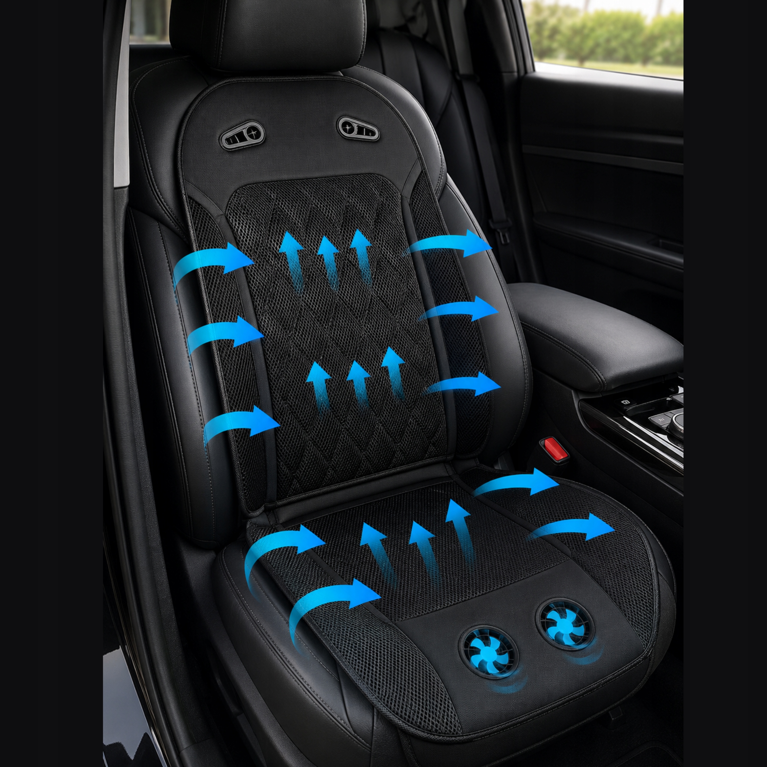Universalus 12 V ventiliuojamas automobilio sėdynės užvalkalas su 2 ventiliatoriais - 9