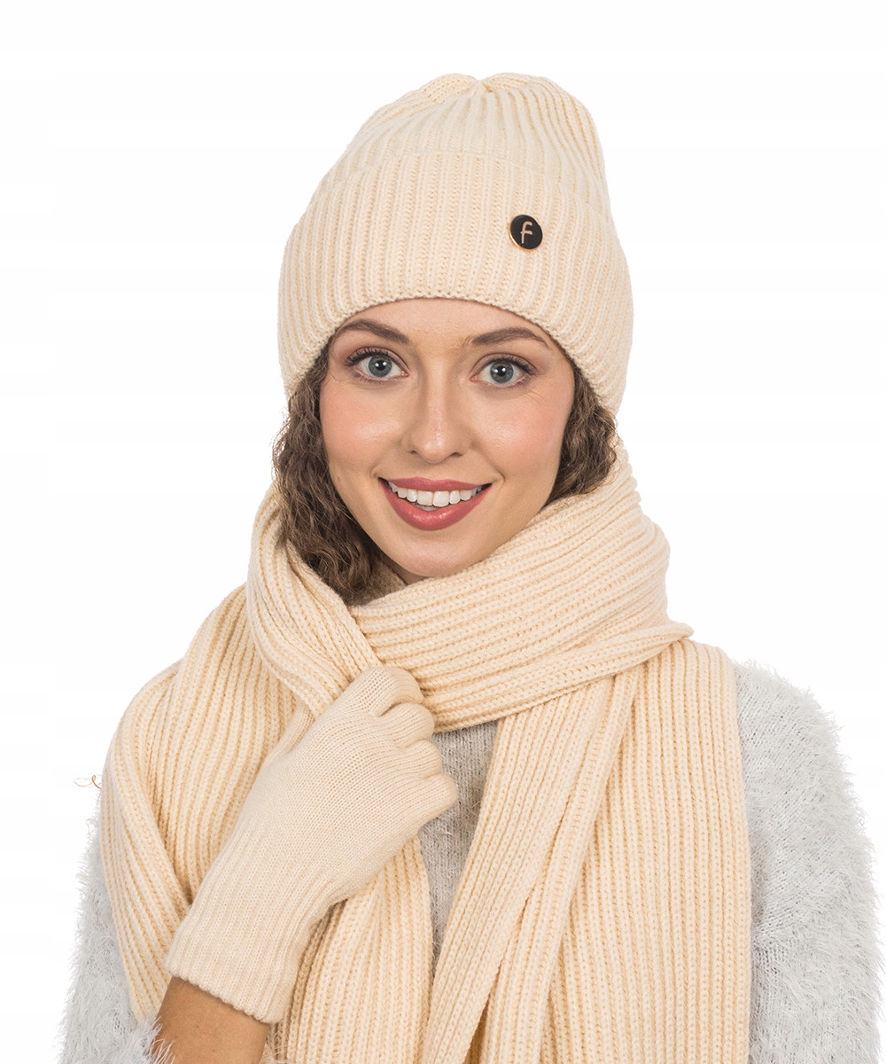 Komplet Čepice Dlouhá Šála Rukavice 3v1 Teplý Zimní Stylový Krémový