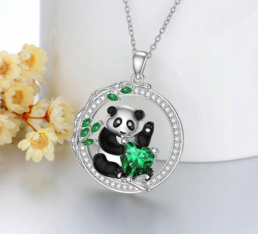 Naszyjnik Dziecięcy Srebrny Miś Panda Serduszko Cyrkonie Kolor srebrny