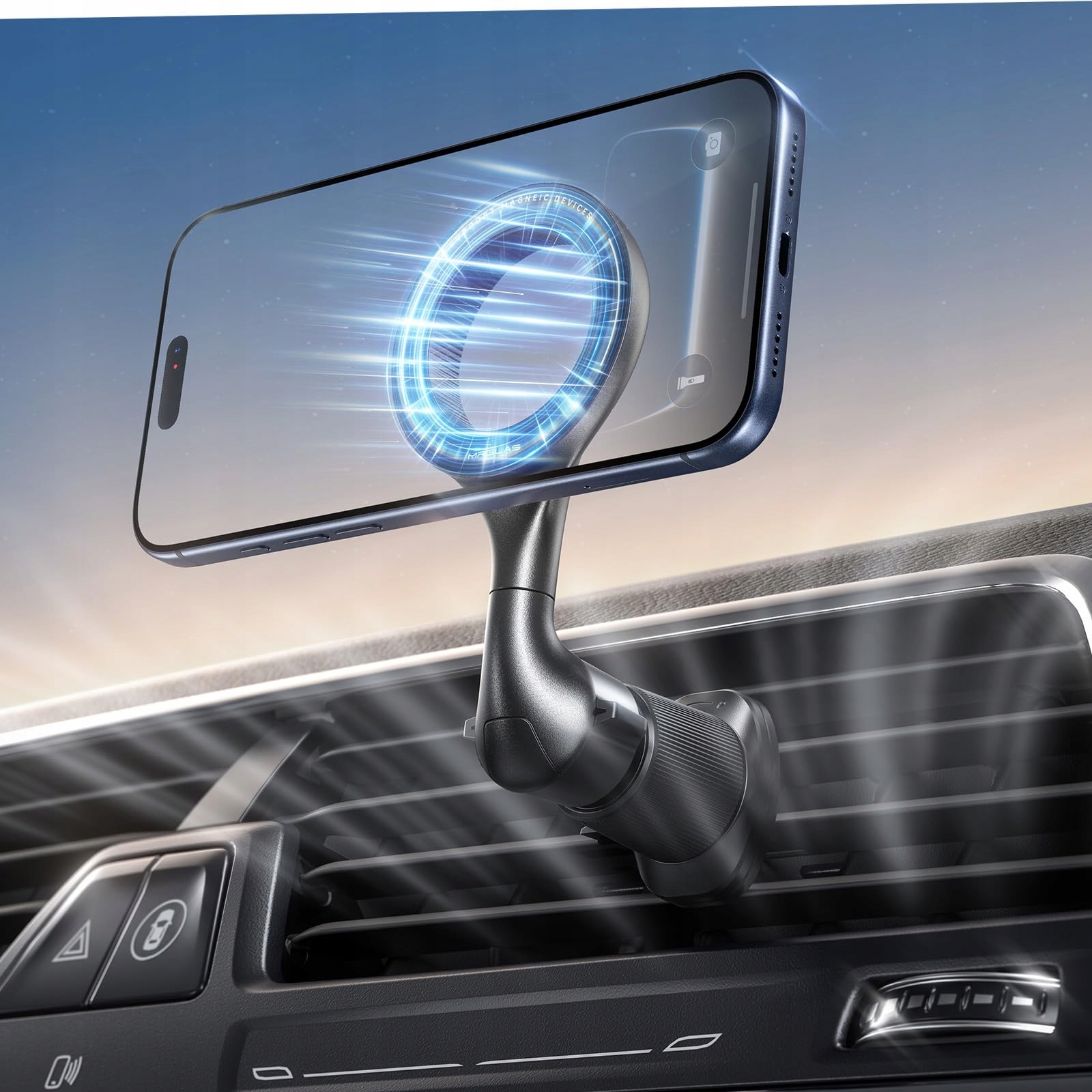 Magnetický držák do auta Mrglas MagSafe na ventilaci, černý 360
