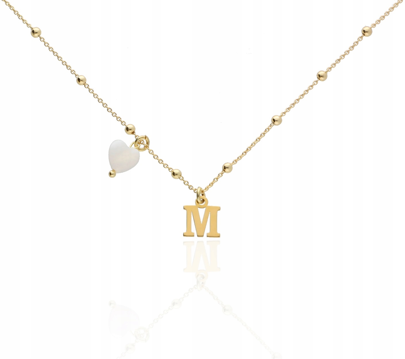 Zlatý náhrdelník s kuličkami a písmenem M, jiná perleťová hmota, srdíčko 45 cm