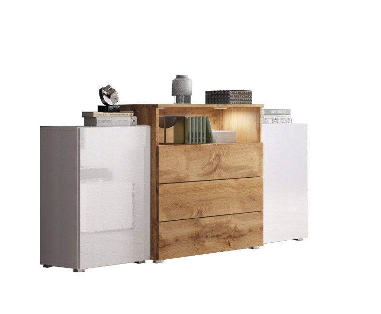 Komoda 150 cm do obývacího pokoje se zásuvkami a bočními skříňkami, bílý lesk