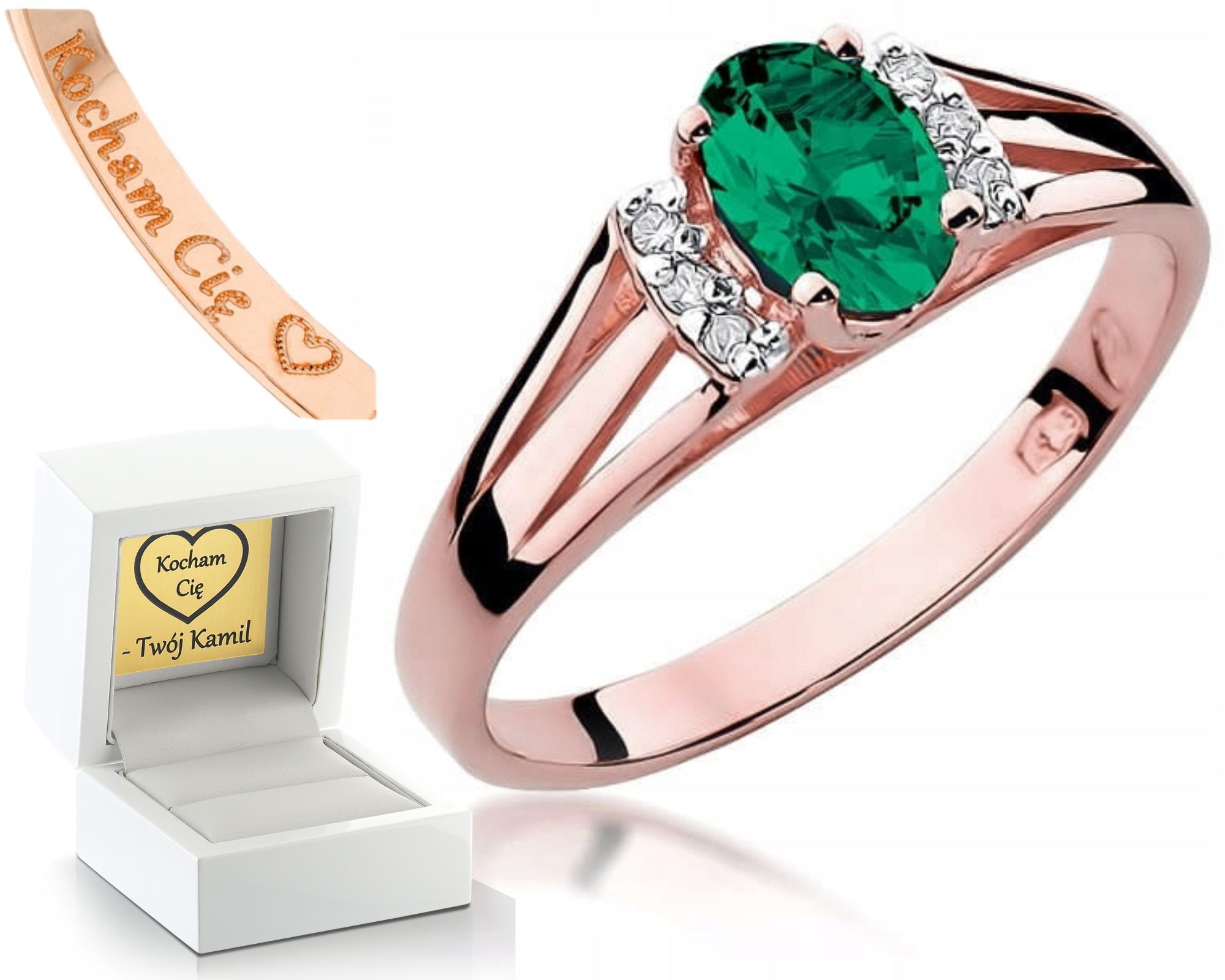 Růžové Zlato Prstýnek Smaragd A Diamanty 585 Gravírování Dárek