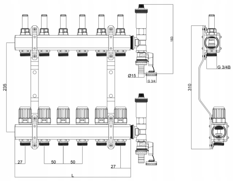 ROZDZIELACZ 10 OGRZEWANIA PODŁOGOWEGO DO PODŁOGÓWK Szerokość produktu 50.4 cm