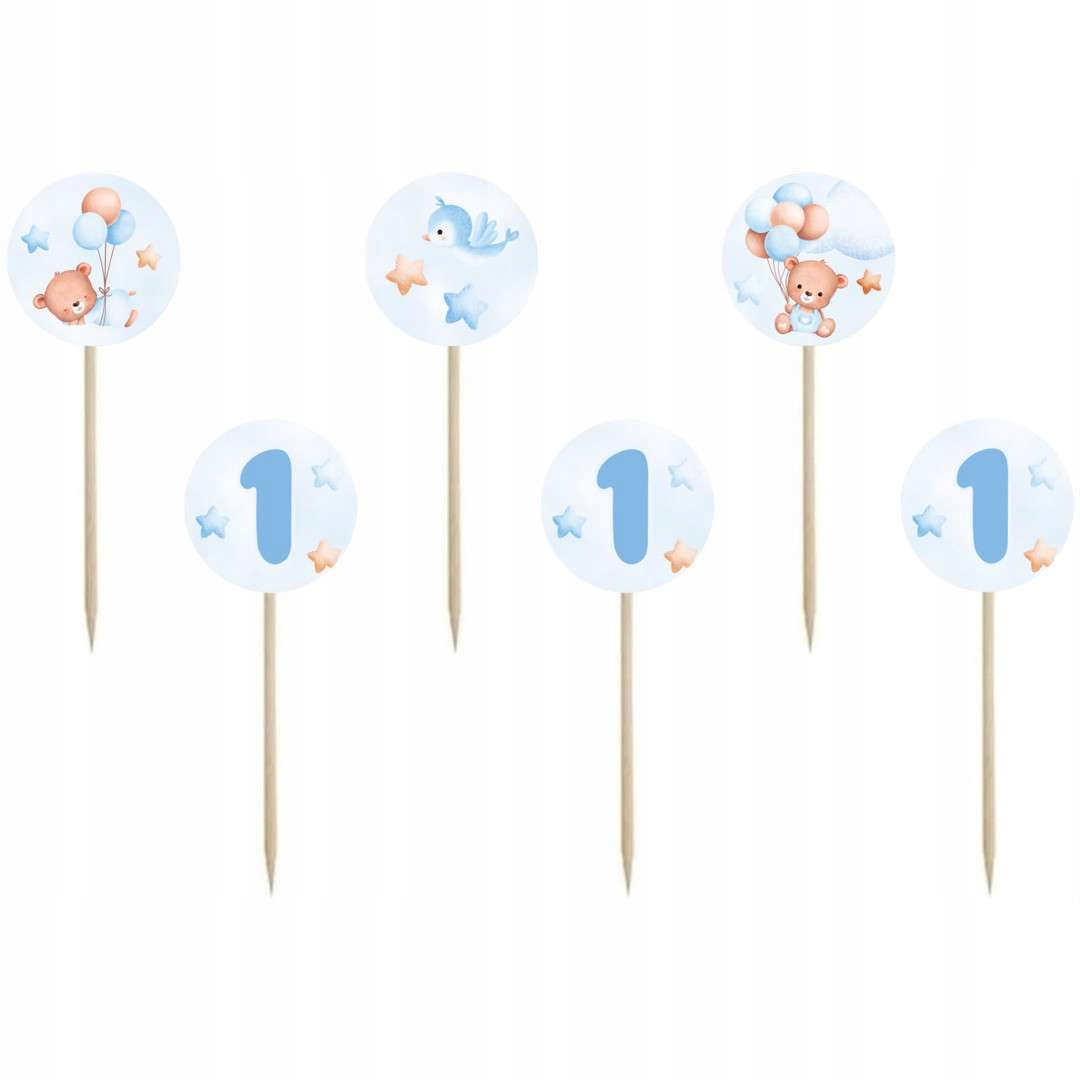 PIKERY błękitne MISIE do muffinek BABECZEK na roczek CHŁOPCA x6