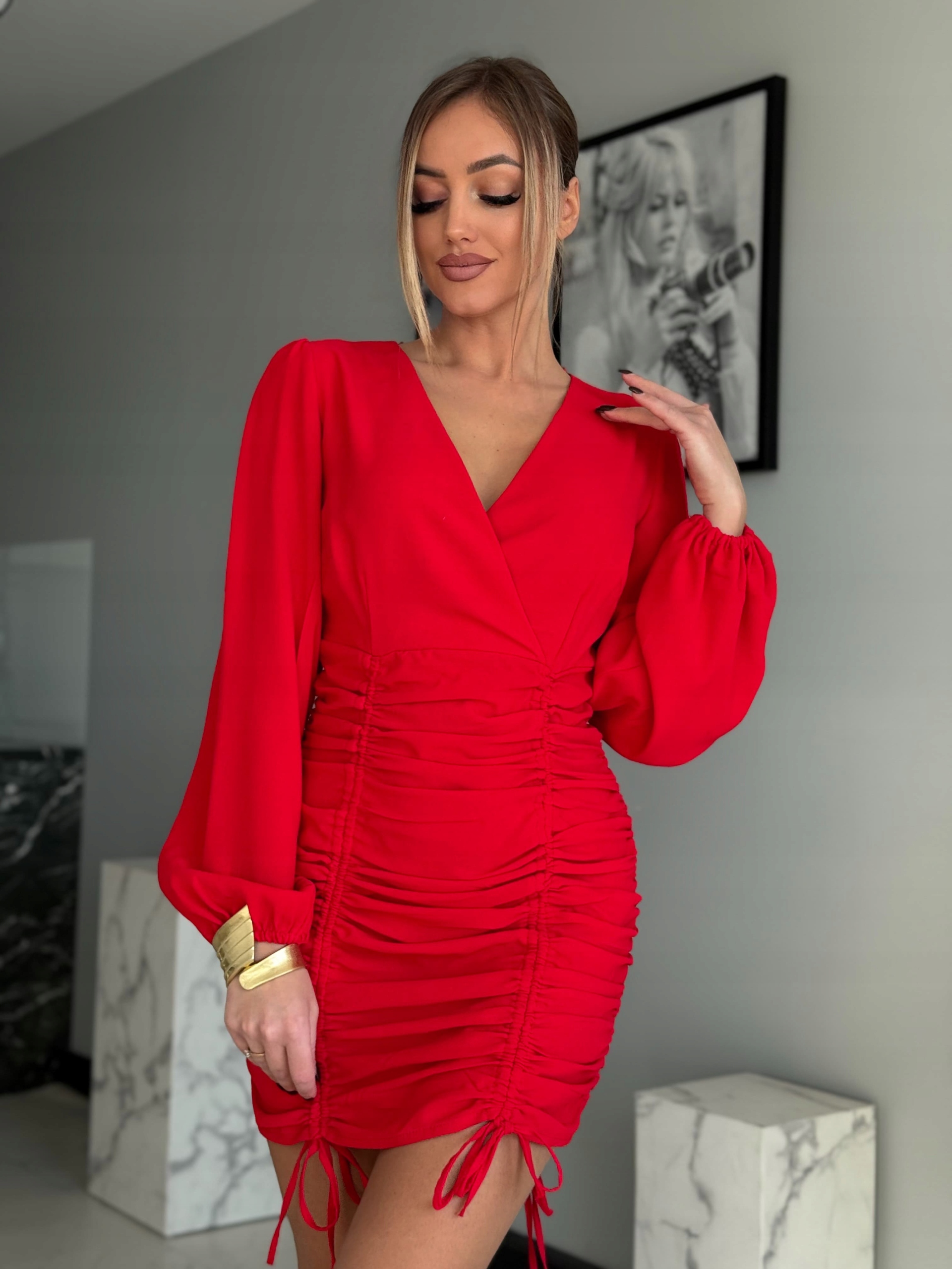 Šaty Marina Elegantní Mini Nařasená Nastavitelná Bufky Červená Xs